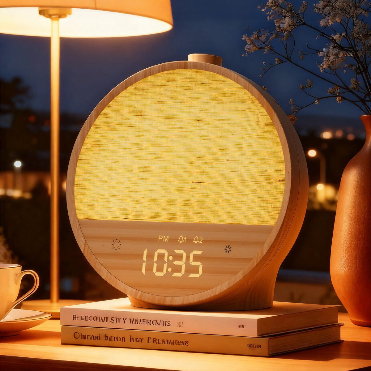 Vivilumens Despertador Amanecer con efecto madera para despertar suave y natural.