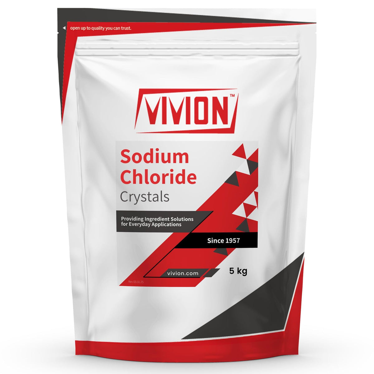 Vivion sodio cloruro USP 5 kg en bolsa, grado farmacéutico para formulaciones salinas.