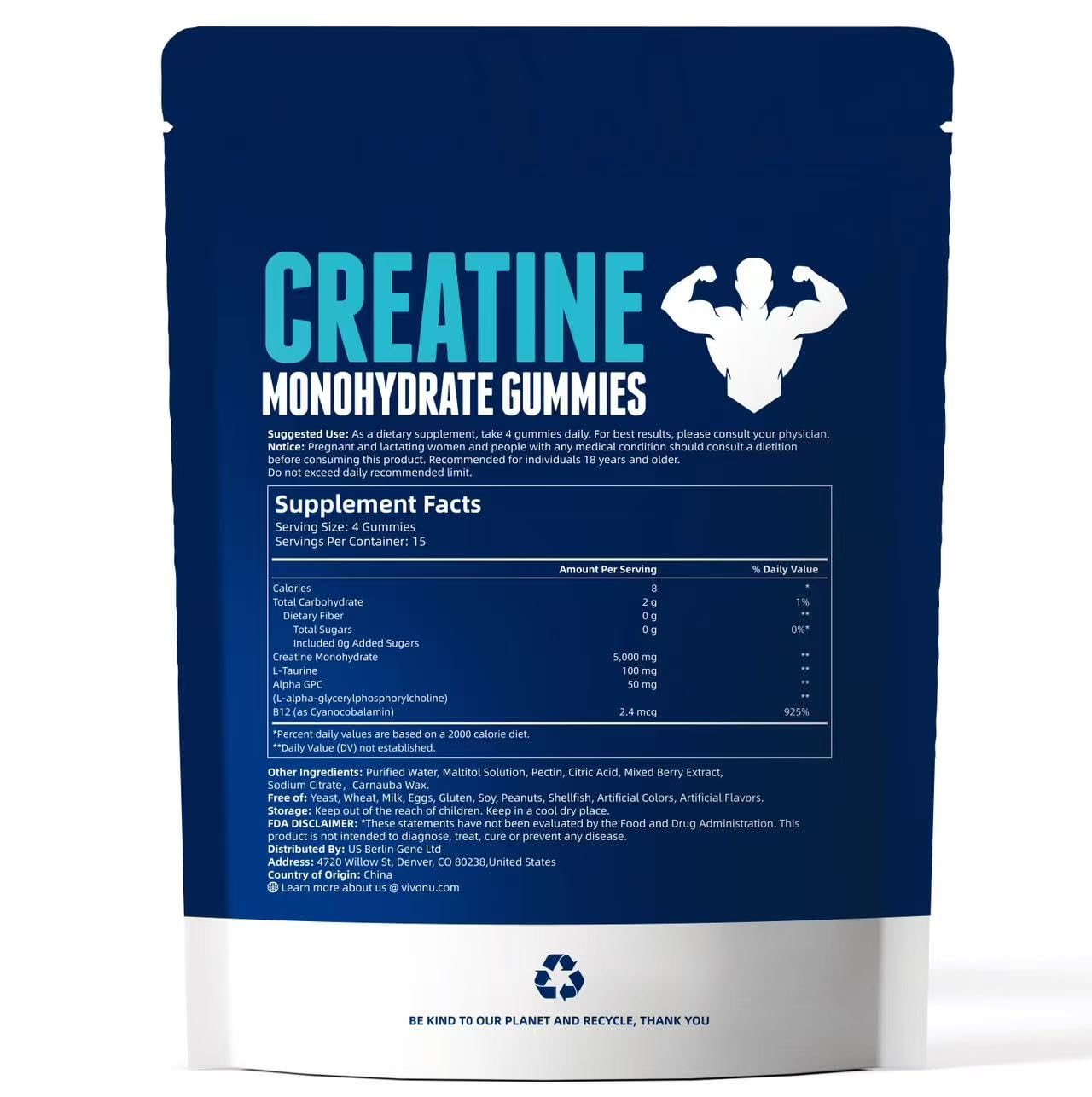 VivoNu Creatine Gummies: bolsa con cierre hermético para mantener la frescura.