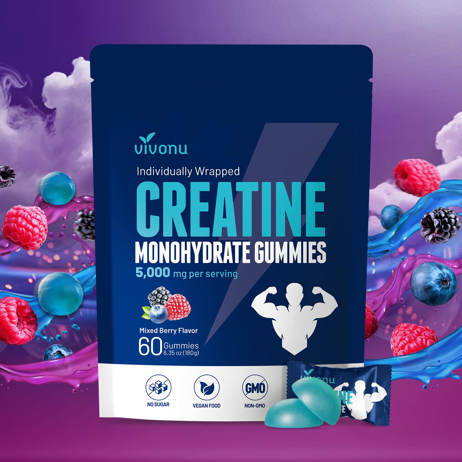 VivoNu Creatine Gummies: envase portátil para entrenamientos fuera de casa.