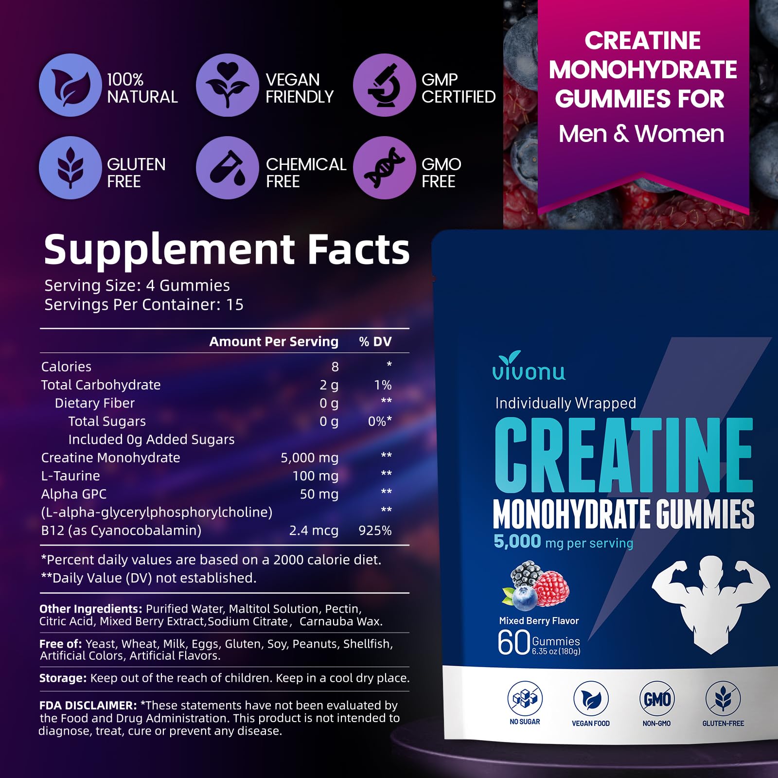 VivoNu Creatine Gummies: envase reutilizable para conveniencia y transporte.