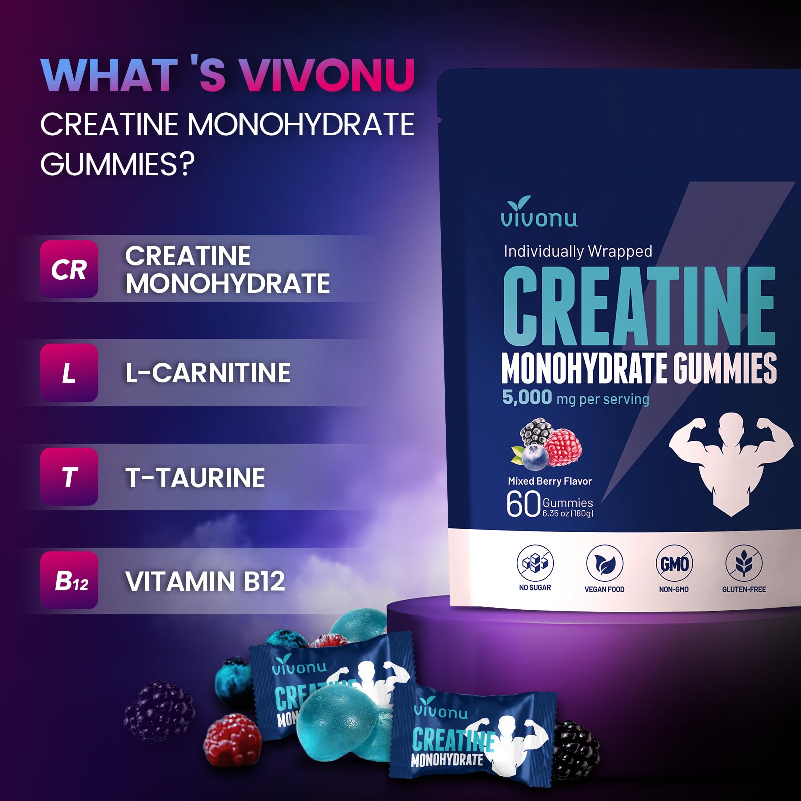 VivoNu Creatine Gummies: presentación de 60 gomitas para un plan de 15 días.