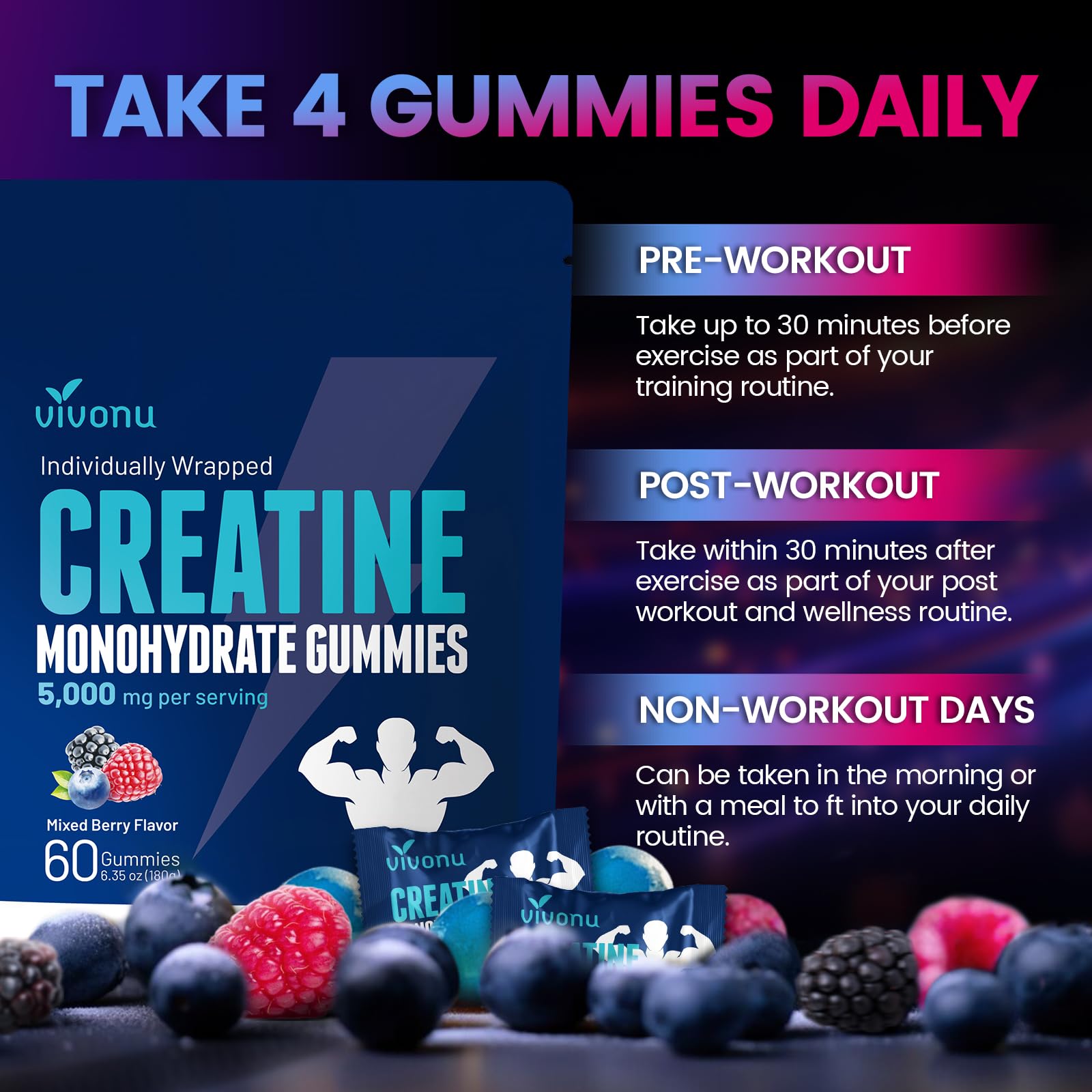 VivoNu Creatine Gummies: textura suave facilita la ingesta diaria.