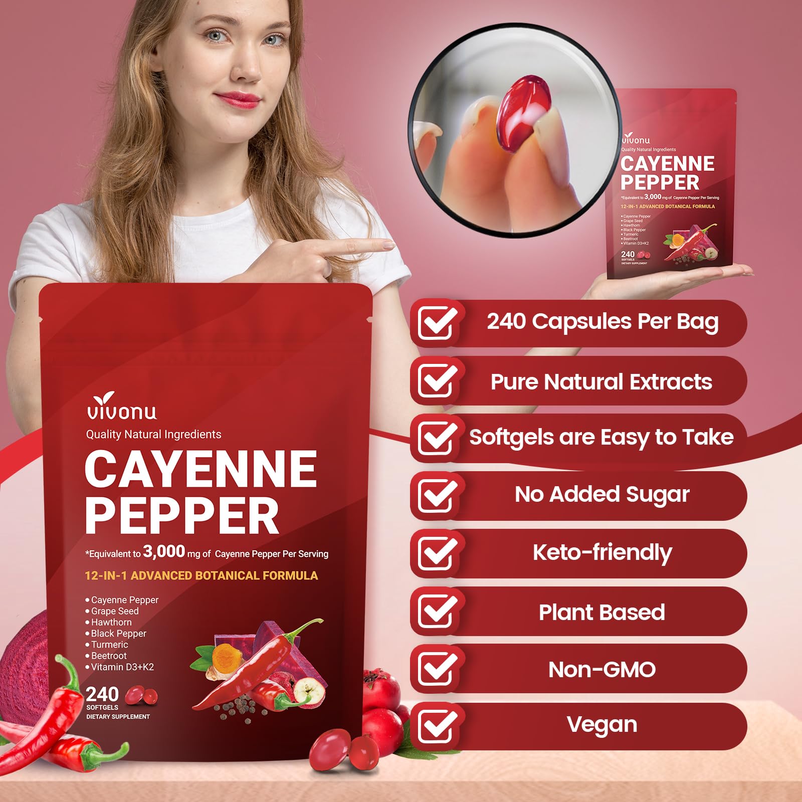 VivoNu D3 K2 E, detalle para salud ósea y antioxidante.