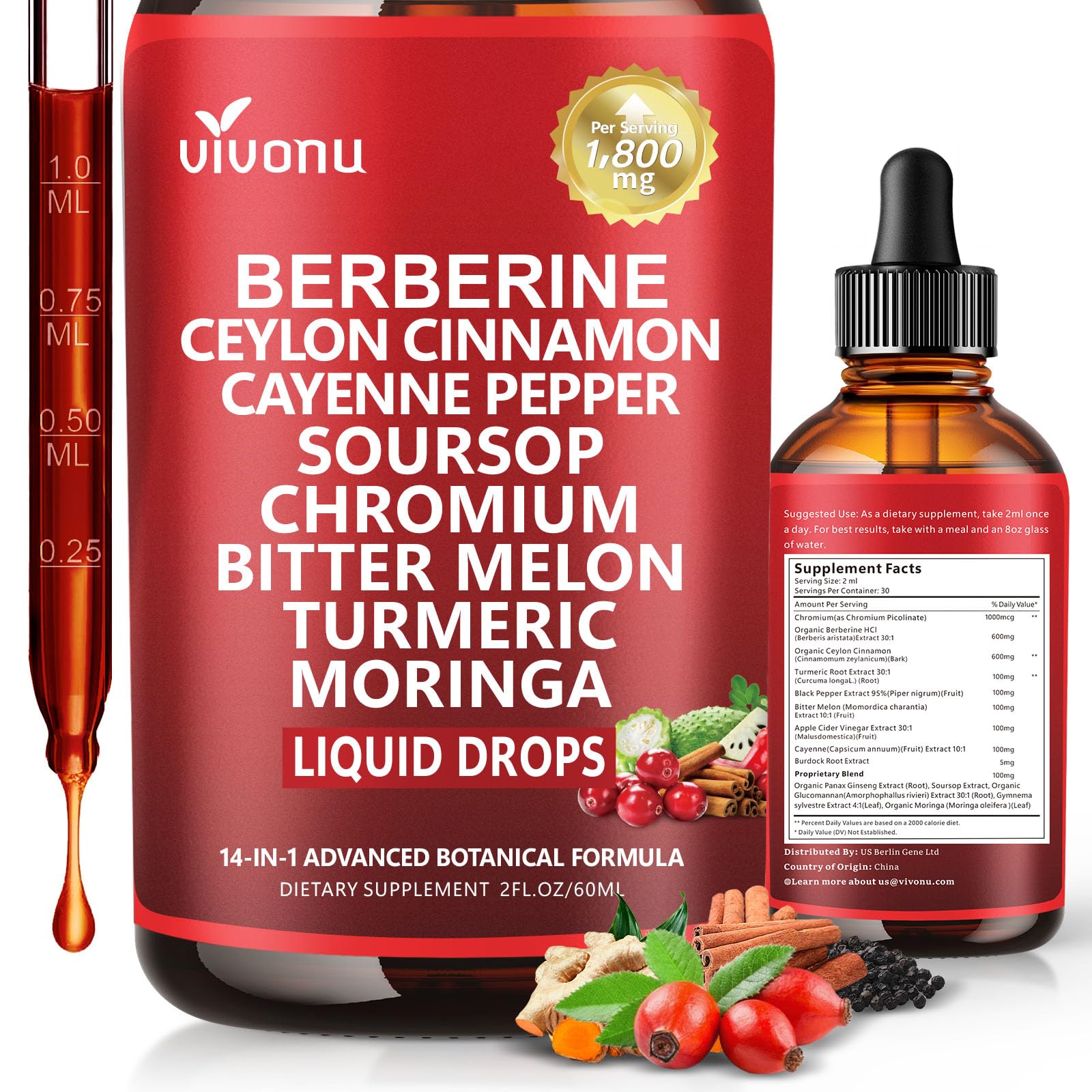 VivoNu Drops Berberina en bote con entrega liposomal para absorción mejorada.