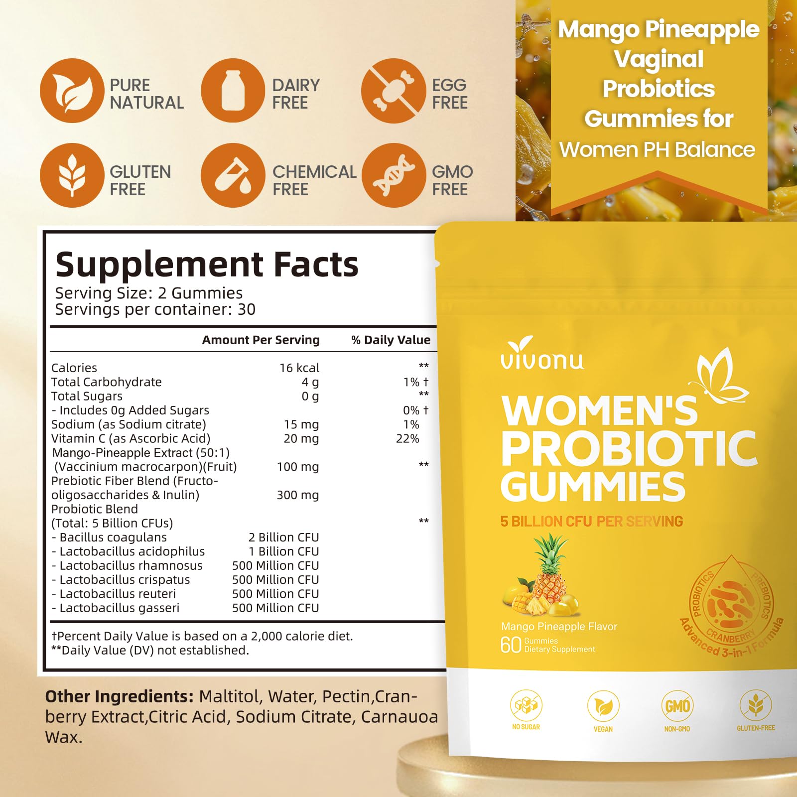 Gominolas VivoNu mango-pina bienestar íntimo, sabor agradable y uso cómodo