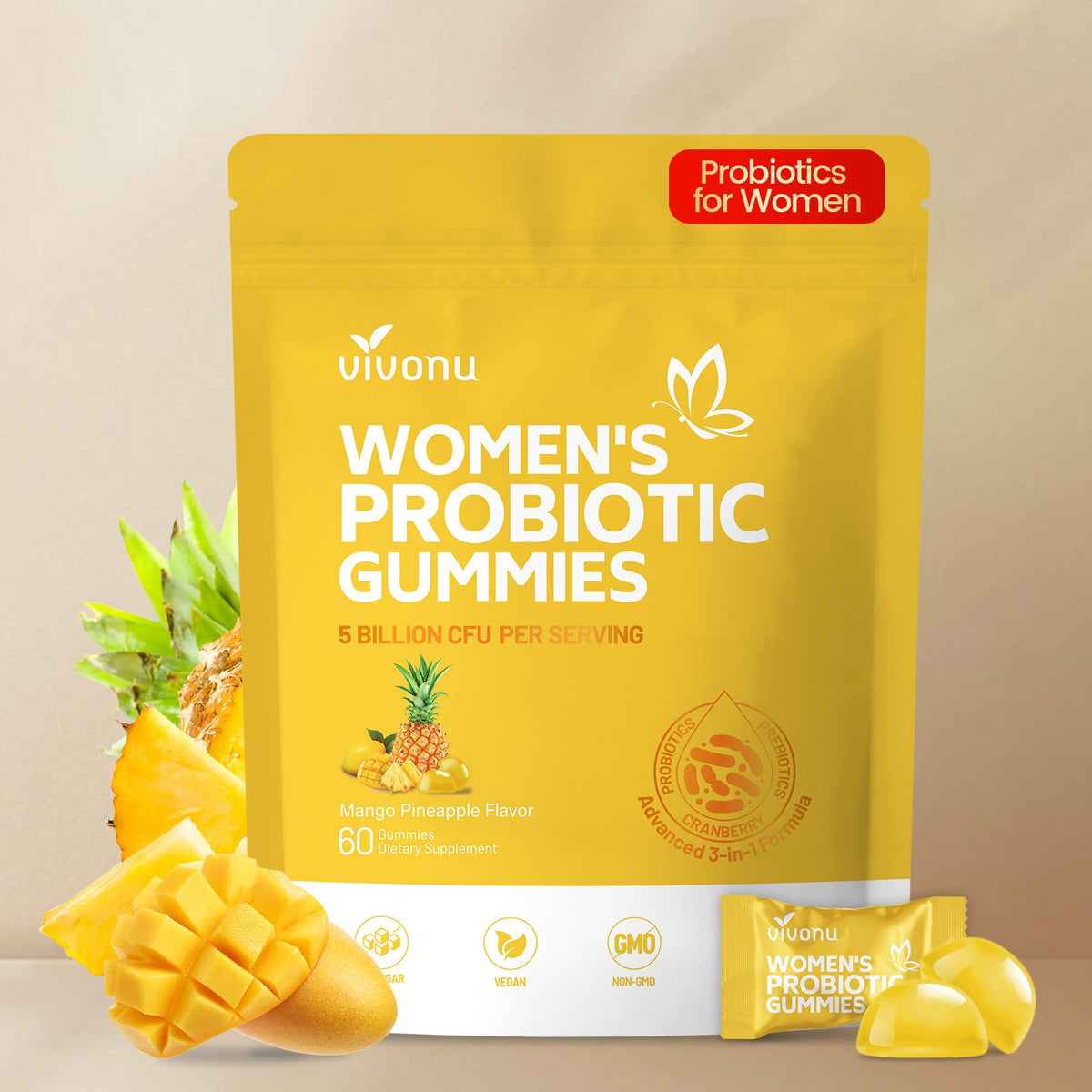 Gominolas VivoNu piña balance en frasco que apoyan salud digestiva y equilibrio íntimo