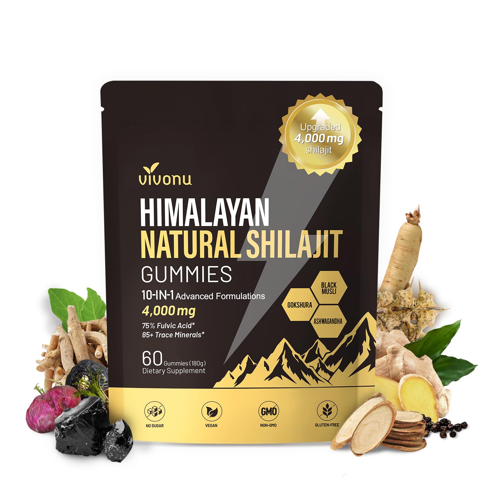 VivoNu gomitas Shilajit Himalayo con ashwagandha y gokshura, posible apoyo a la vitalidad.