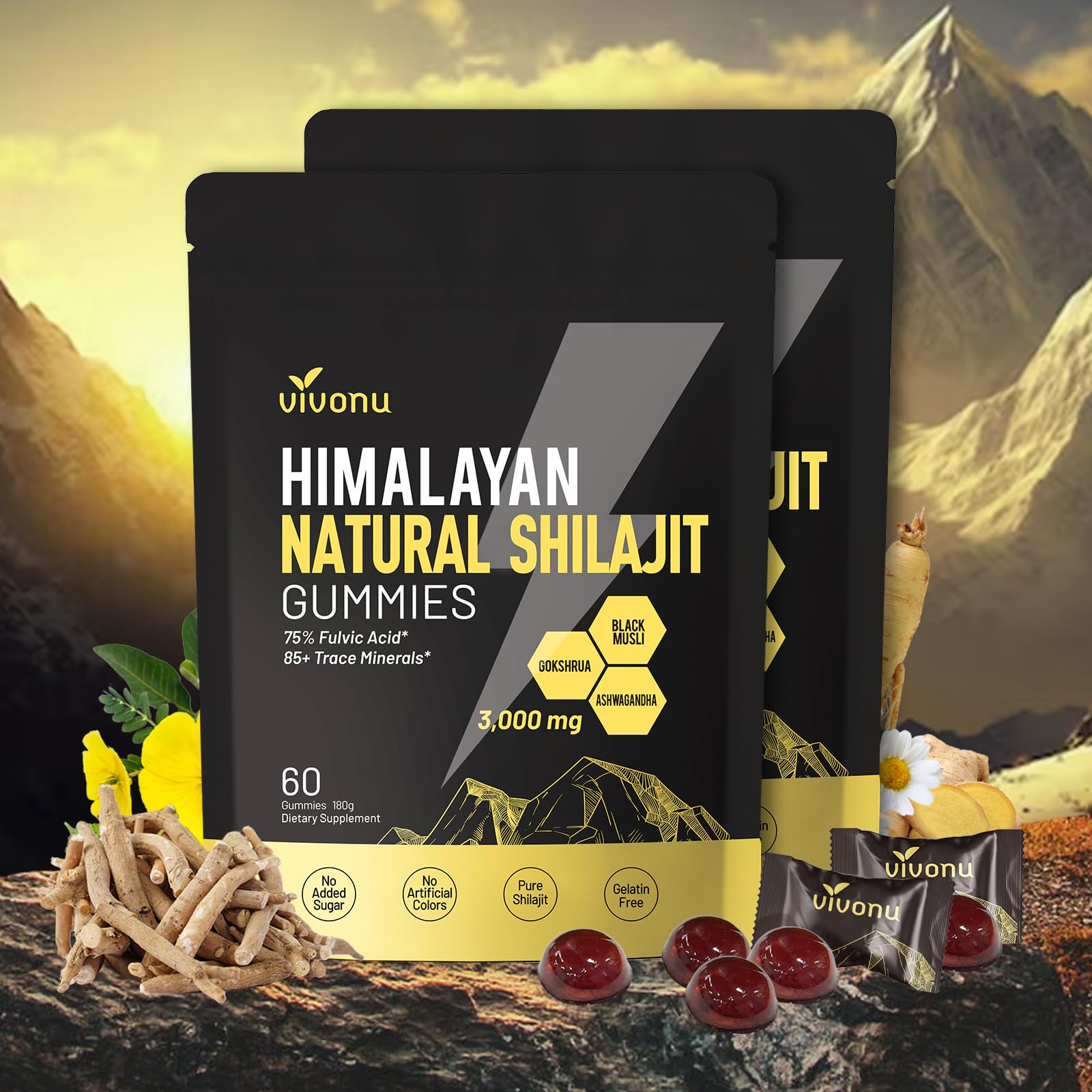 VivoNu gomitas Shilajit puro Himalayo con empaque visible para uso diario
