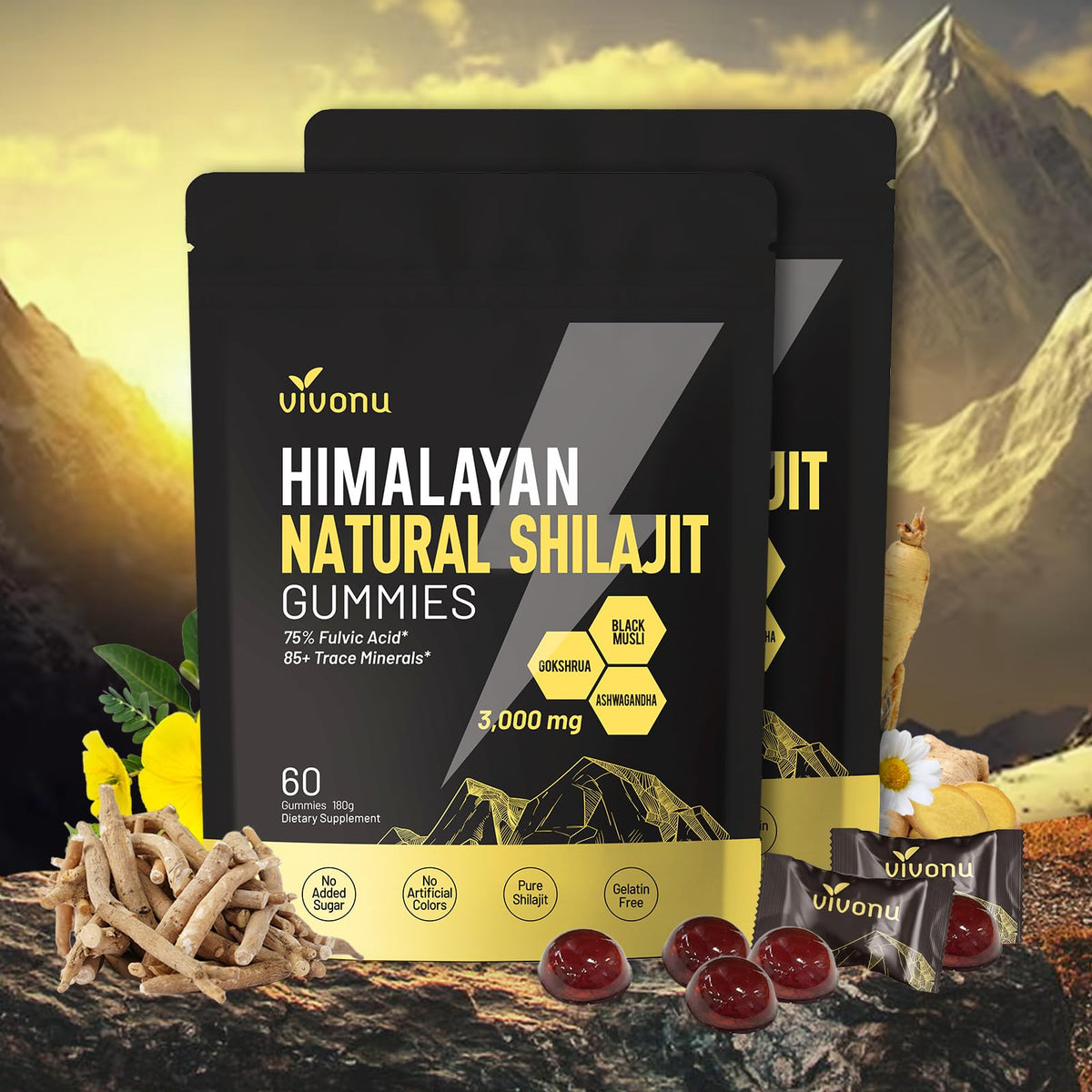 VivoNu gomitas Shilajit puro Himalayo con empaque visible para uso diario