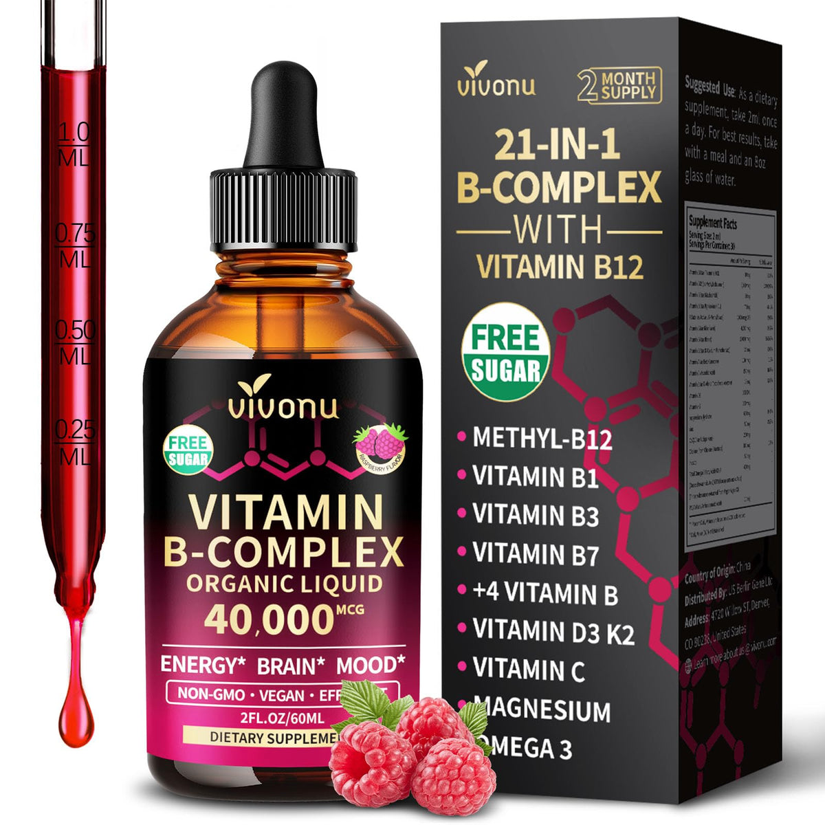 VivoNu Gotas de Complejo B, frasco y etiqueta para energía diaria.