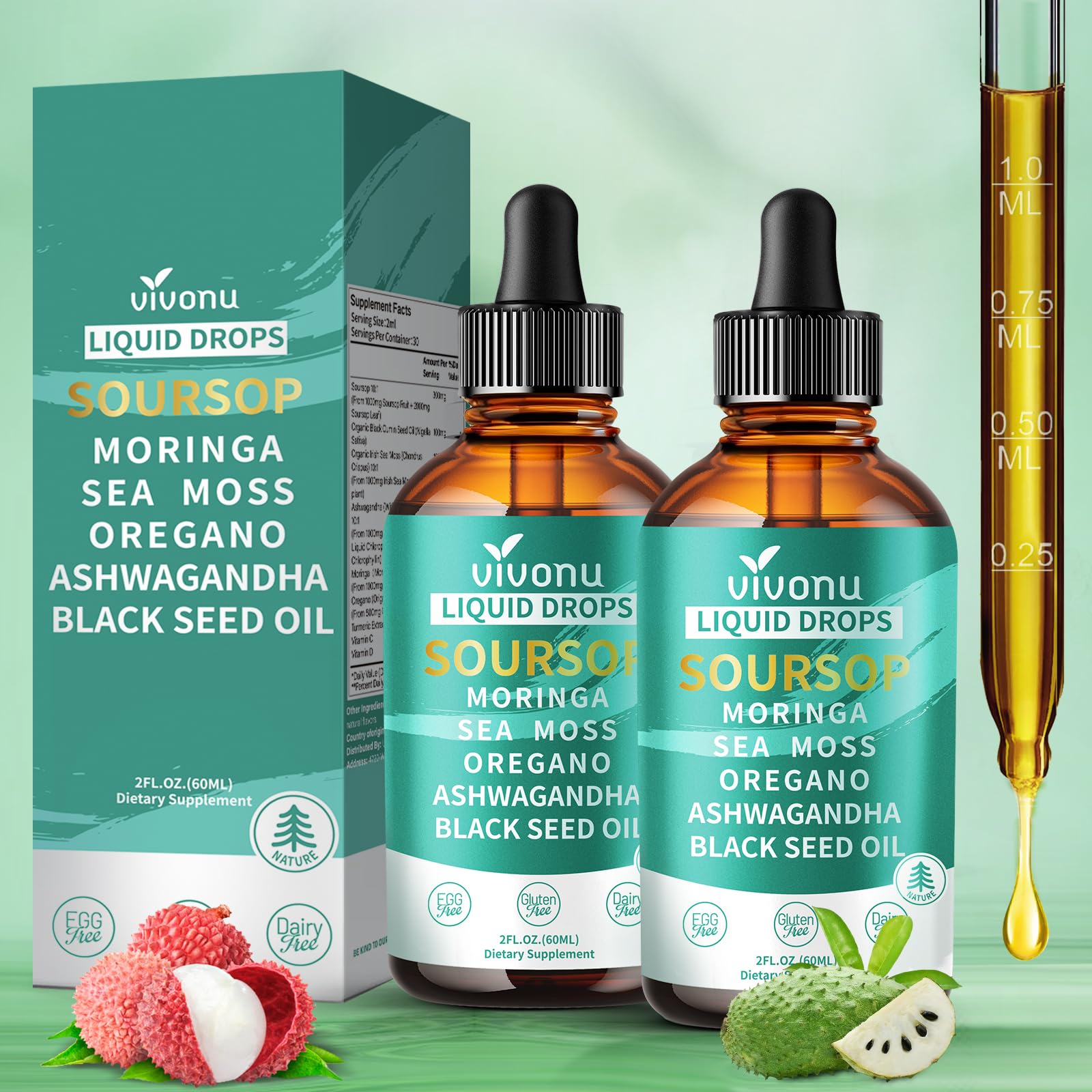 VivoNu Gotas Soursop: botella vertiendo para bienestar diario.