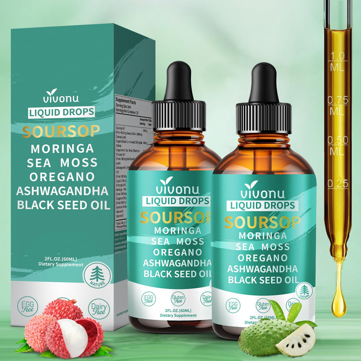 VivoNu Gotas Soursop: botella vertiendo para bienestar diario.