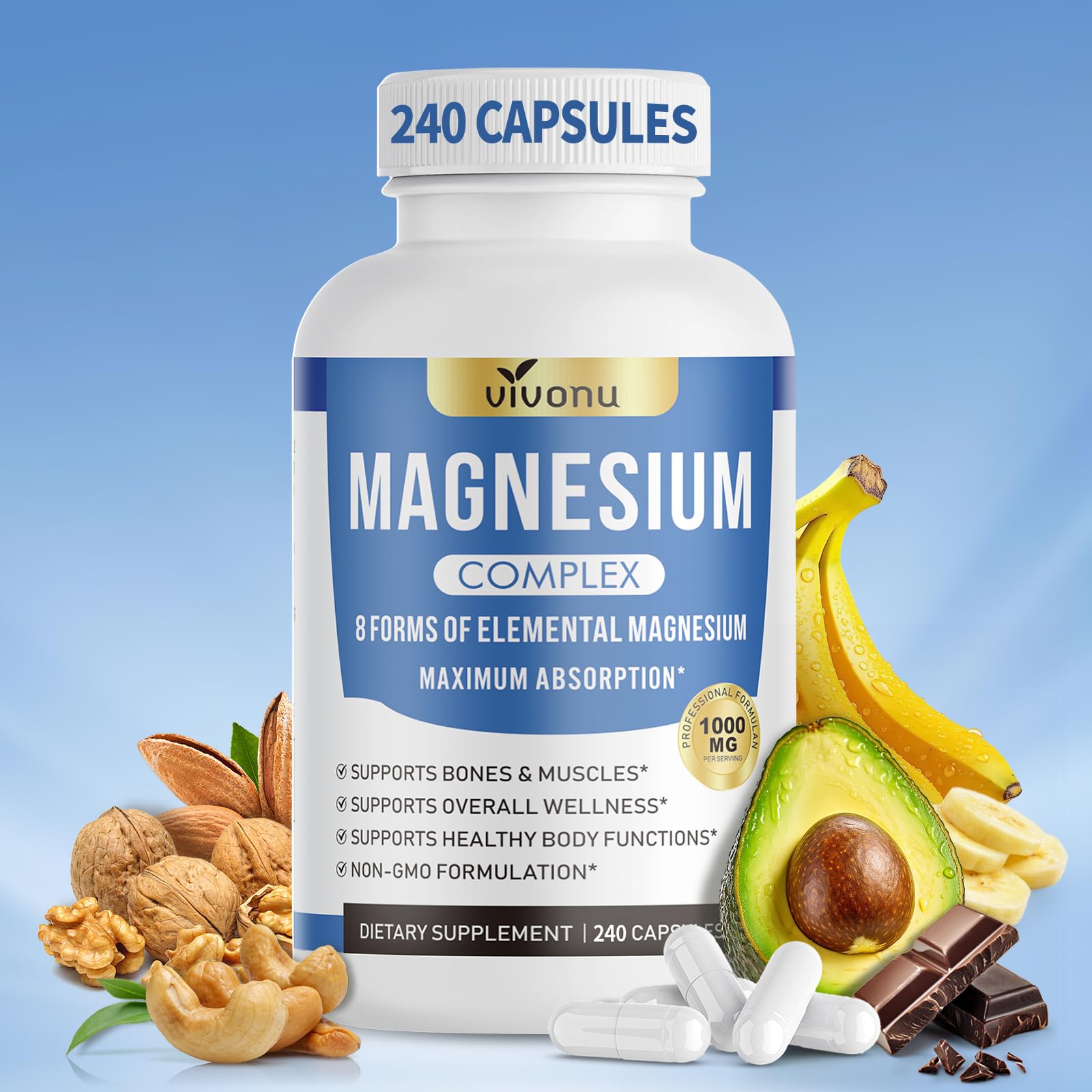 VivoNu Magnesium Complex bottle showing 8 forms for balanced daily support.