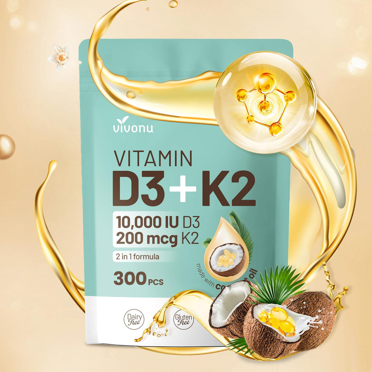 VivoNu Vitamina D3 K2: cápsulas doradas que apoyan la absorción de calcio.