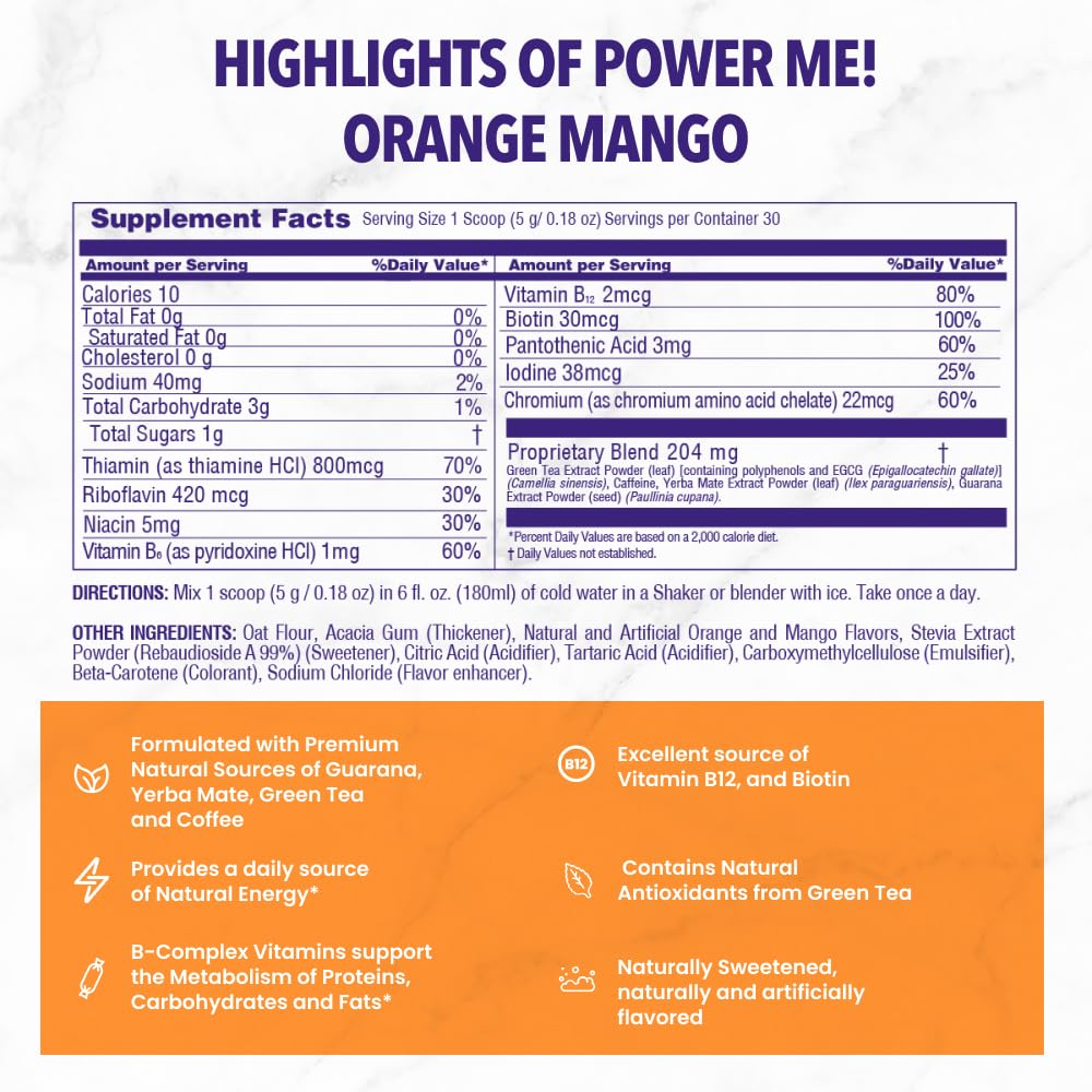Power Me! muestra complejo B y vitaminas para apoyo energético diario.