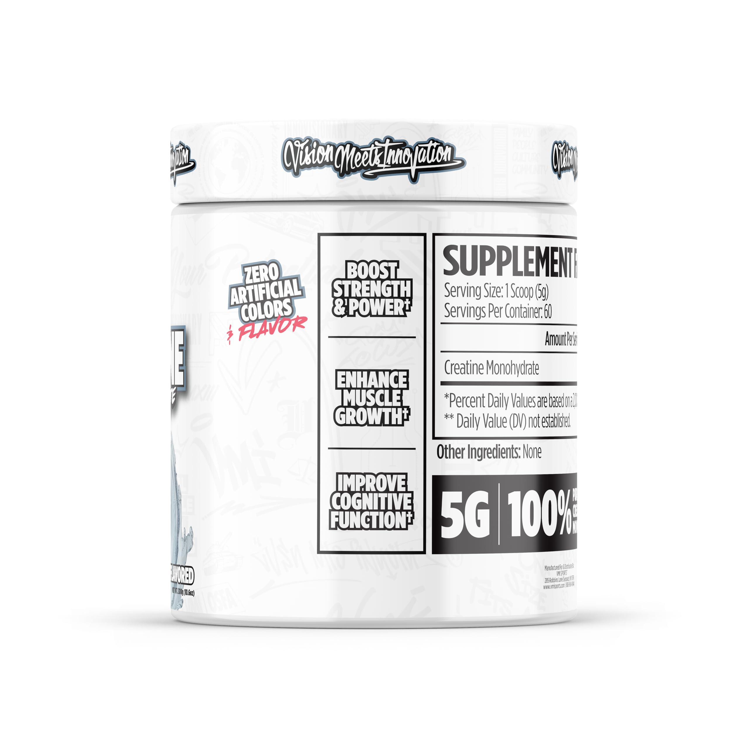 VMI Sports Creatina Monohidrato sin sabor con etiqueta legible para controlar dosis.