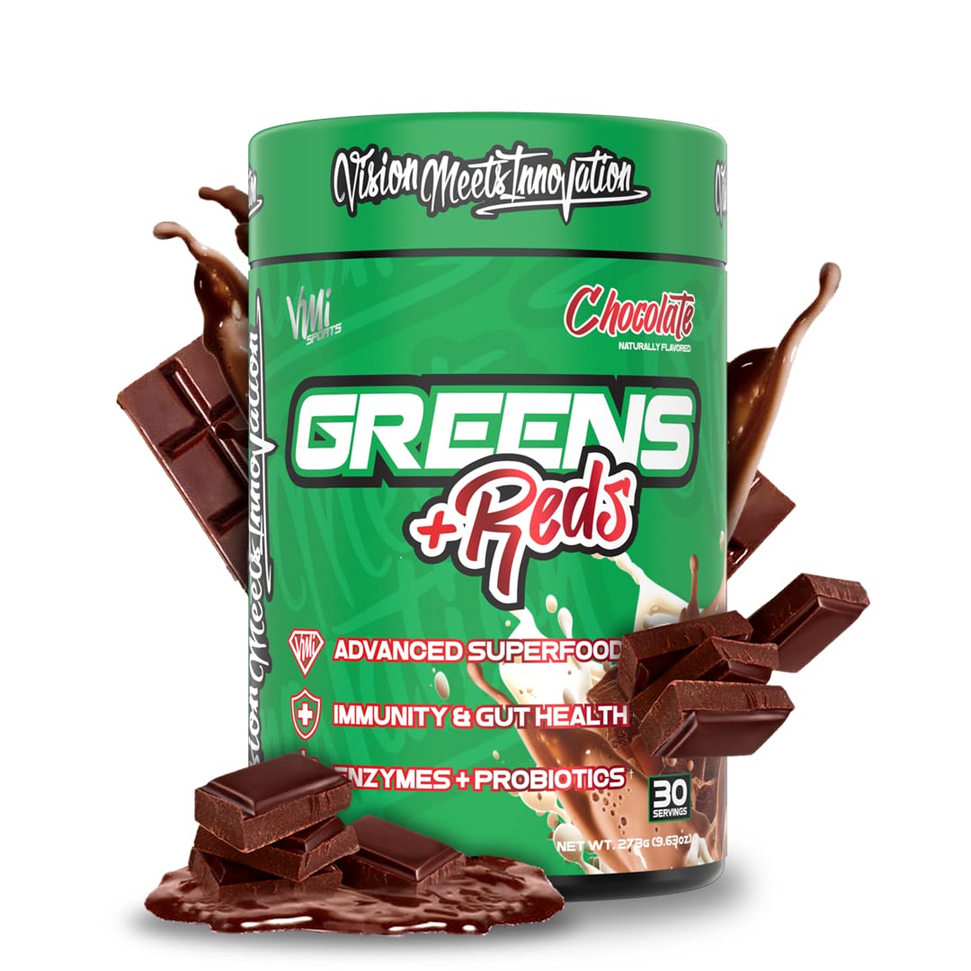 Greens + Reds de VMI Sports en bote chocolate para nutrición diaria conveniente