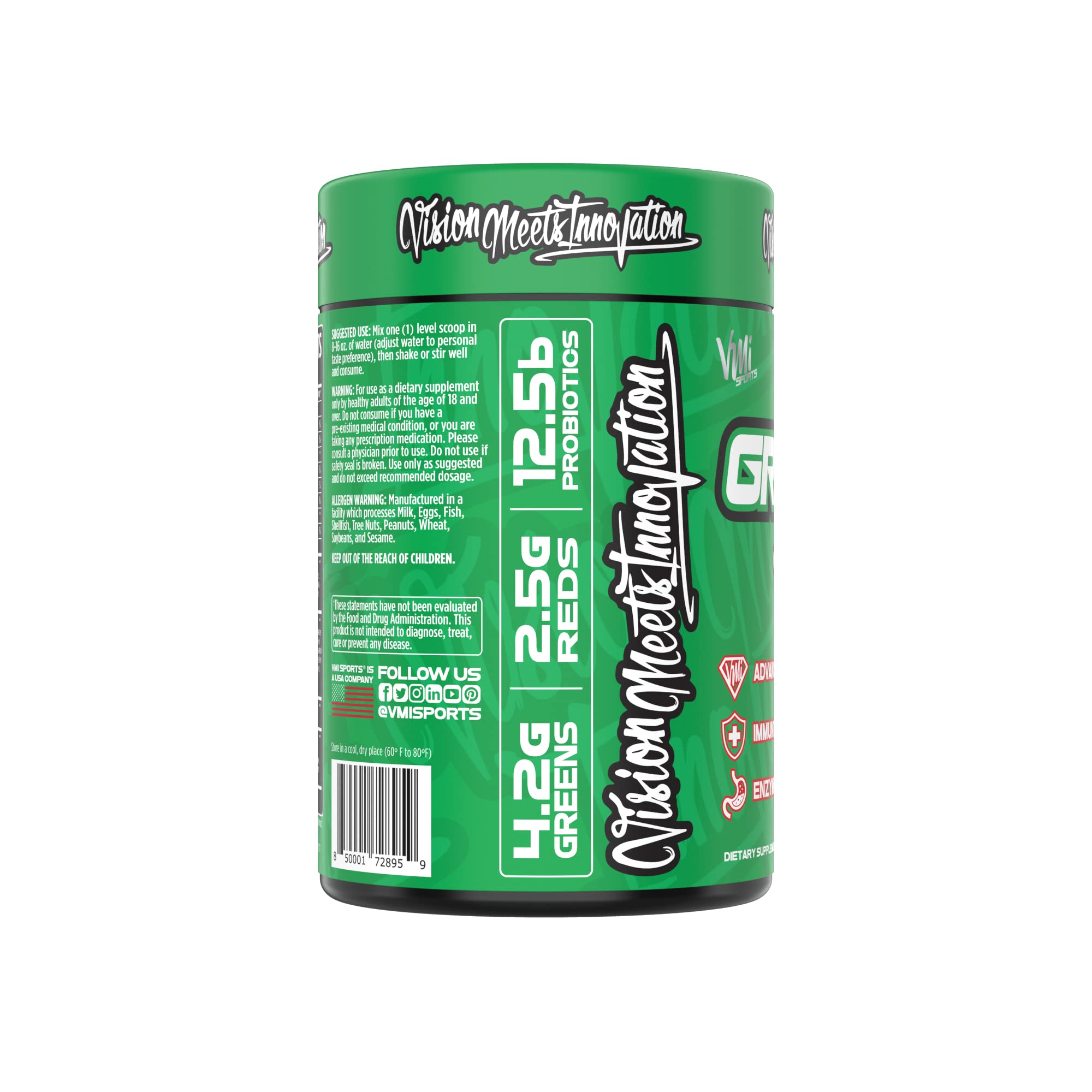 VMI Sports Greens + Reds, ingredientes clorofila-espirulina, fuente natural de vegetales.