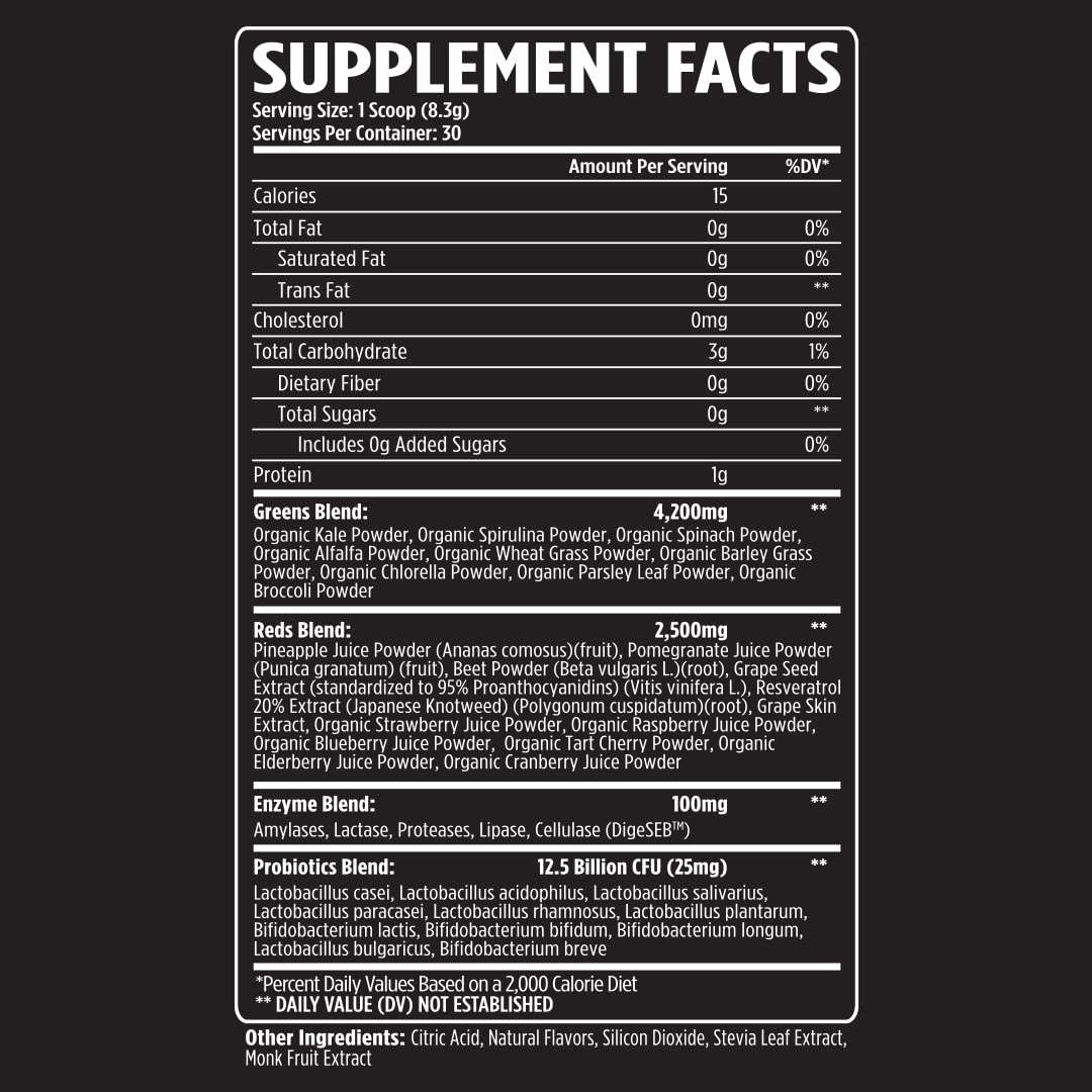 VMI Sports Greens + Reds, polvo volcado, mezcla fácil para nutrición rápida.