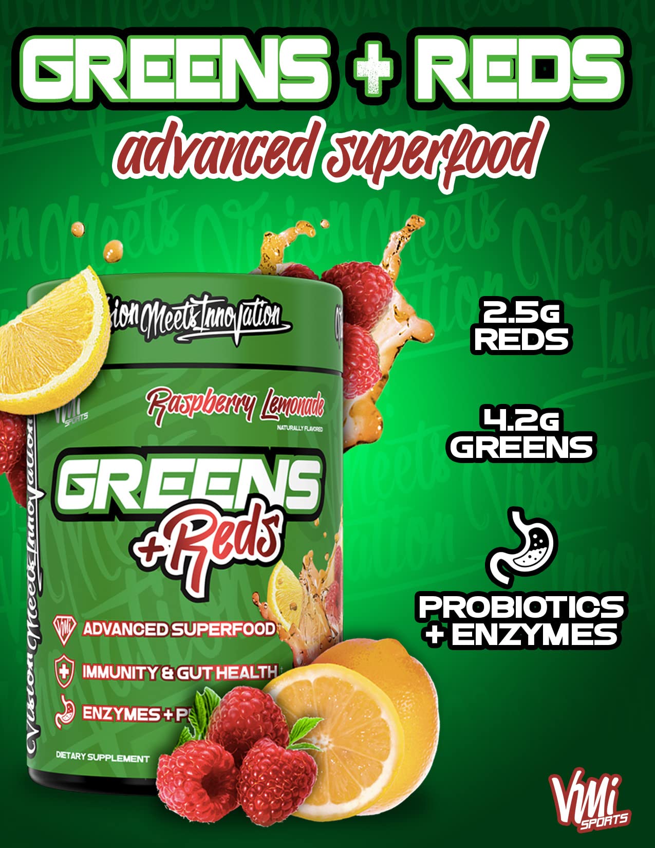 VMI Sports Greens + Reds, sabor chocolate, ideal tras entreno.