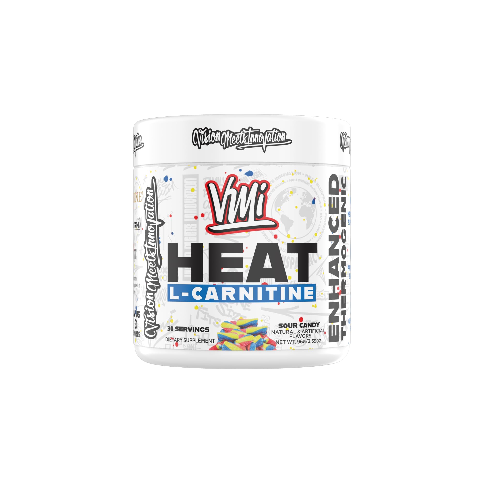 VMI Sports Heat L-Carnitine, botella visible, apoyo al metabolismo y rendimiento durante el entrenamiento.