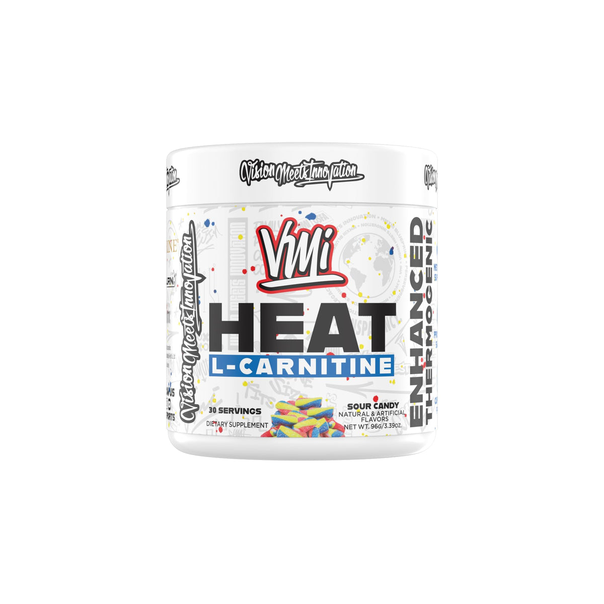 VMI Sports Heat L-Carnitine, botella visible, apoyo al metabolismo y rendimiento durante el entrenamiento.