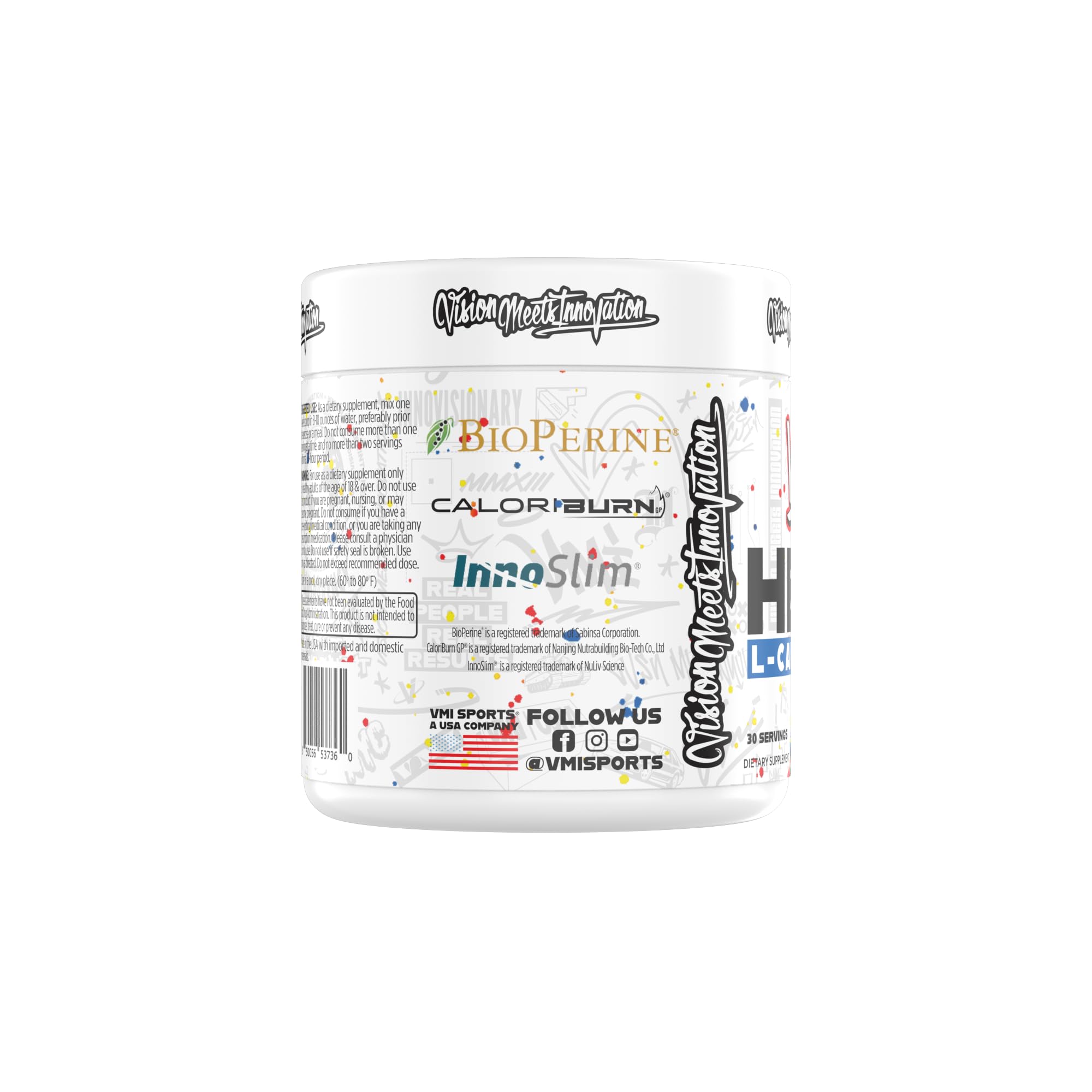 VMI Sports Heat L-Carnitine, etiqueta clara con dosis y uso.