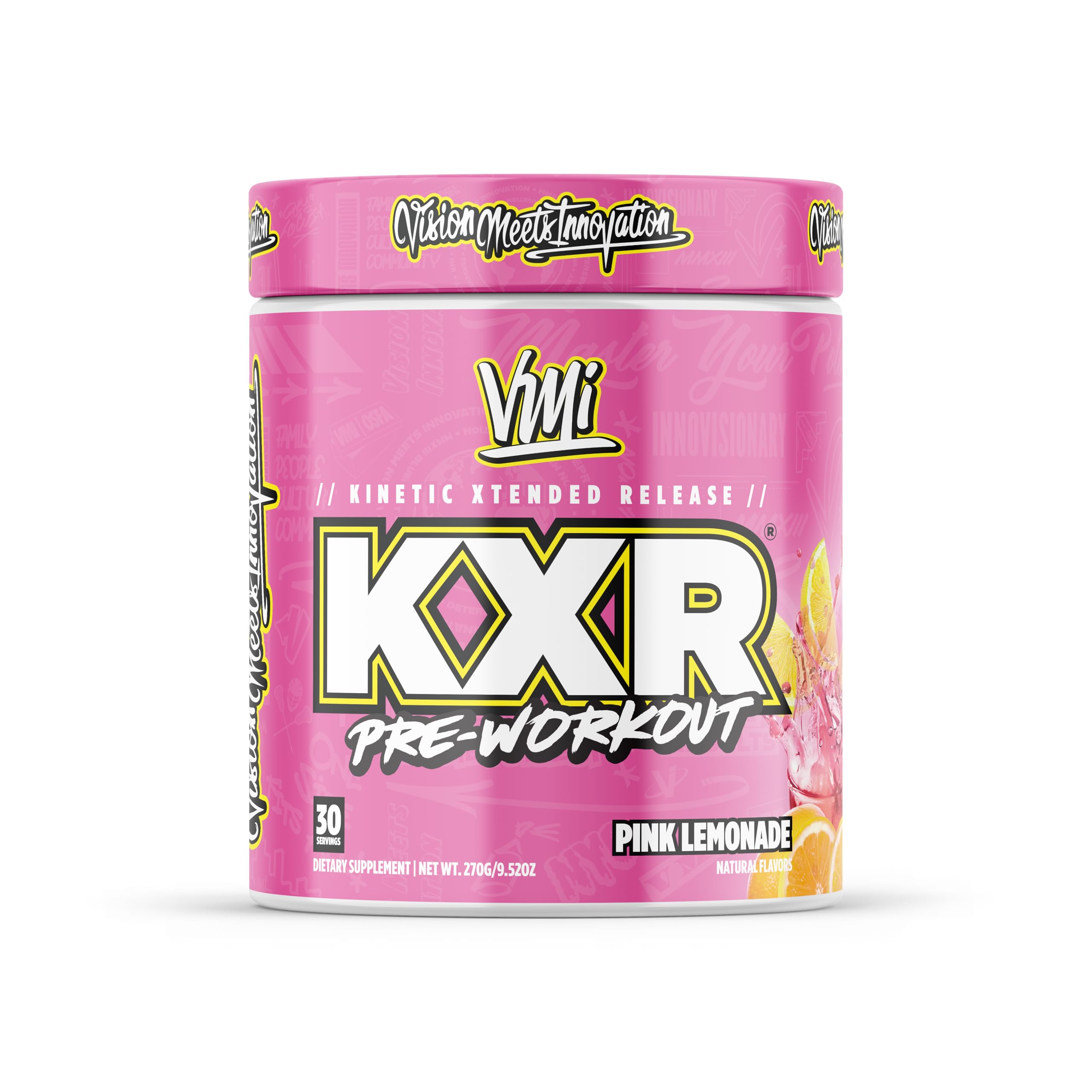 VMI Sports KXR, botella con etiqueta limon-rosa para energía sostenida durante entrenamientos.