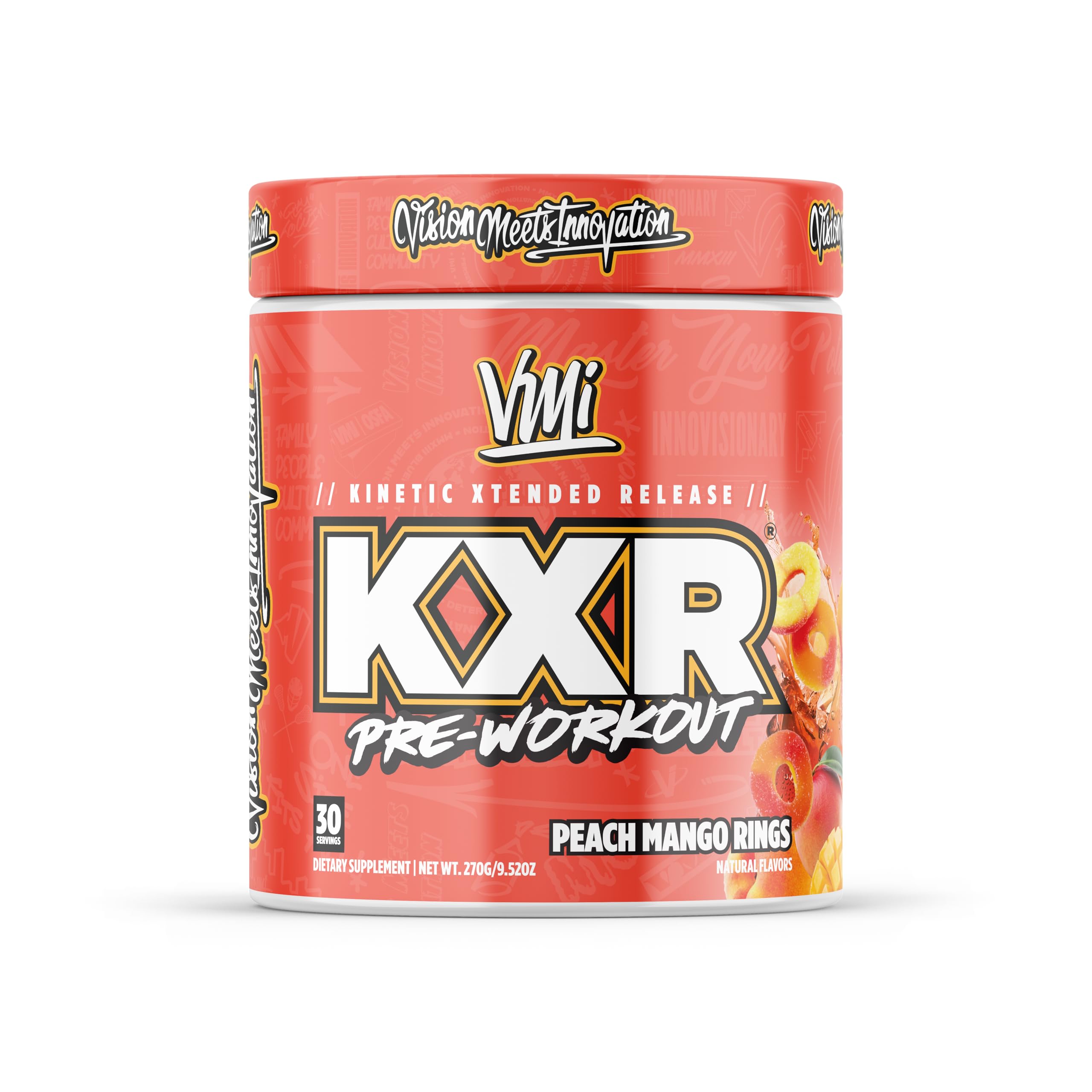 Polvo KXR de VMI Sports, sabor durazno mango, ideal para energía rápida antes del entrenamiento.