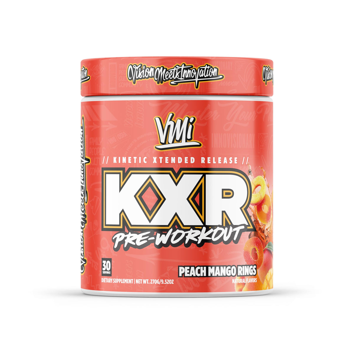 Polvo KXR de VMI Sports, sabor durazno mango, ideal para energía rápida antes del entrenamiento.