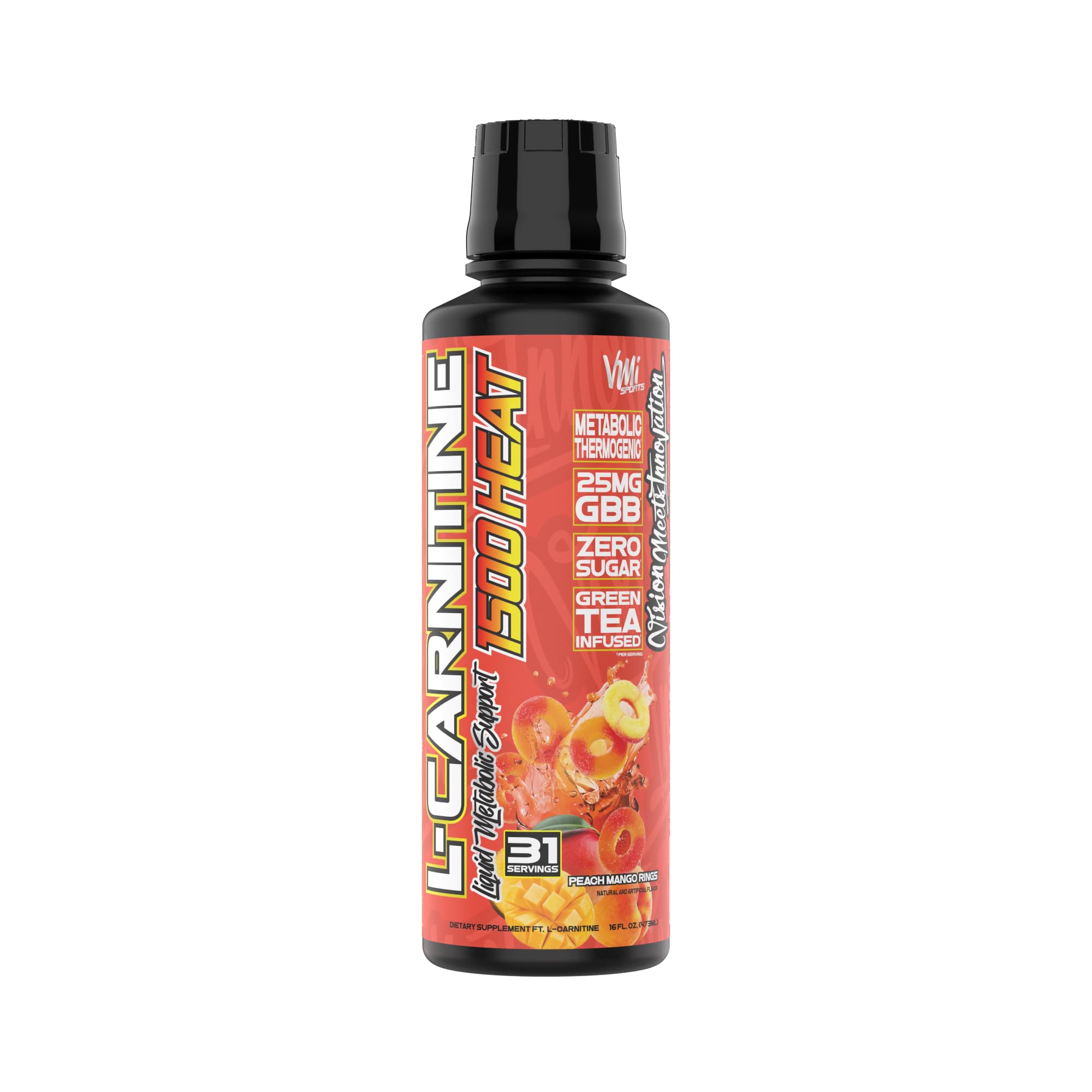 Frasco de VMI Sports L-Carnitine 1500 Heat, sabor durazno-mango, ideal para usar antes del entrenamiento.