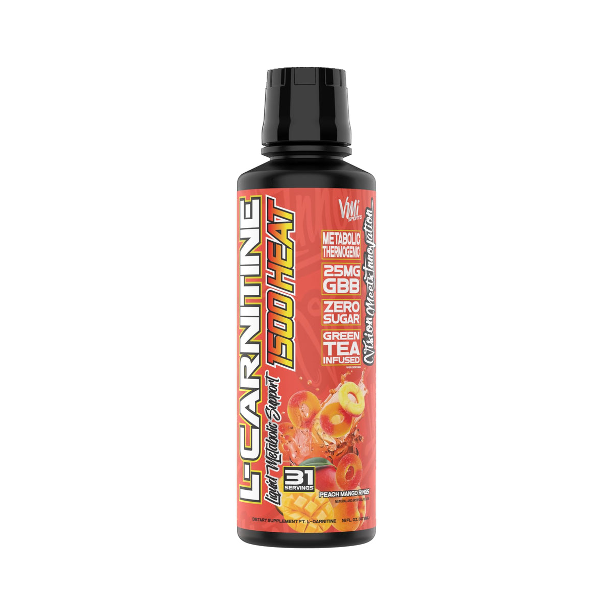 Frasco de VMI Sports L-Carnitine 1500 Heat, sabor durazno-mango, ideal para usar antes del entrenamiento.