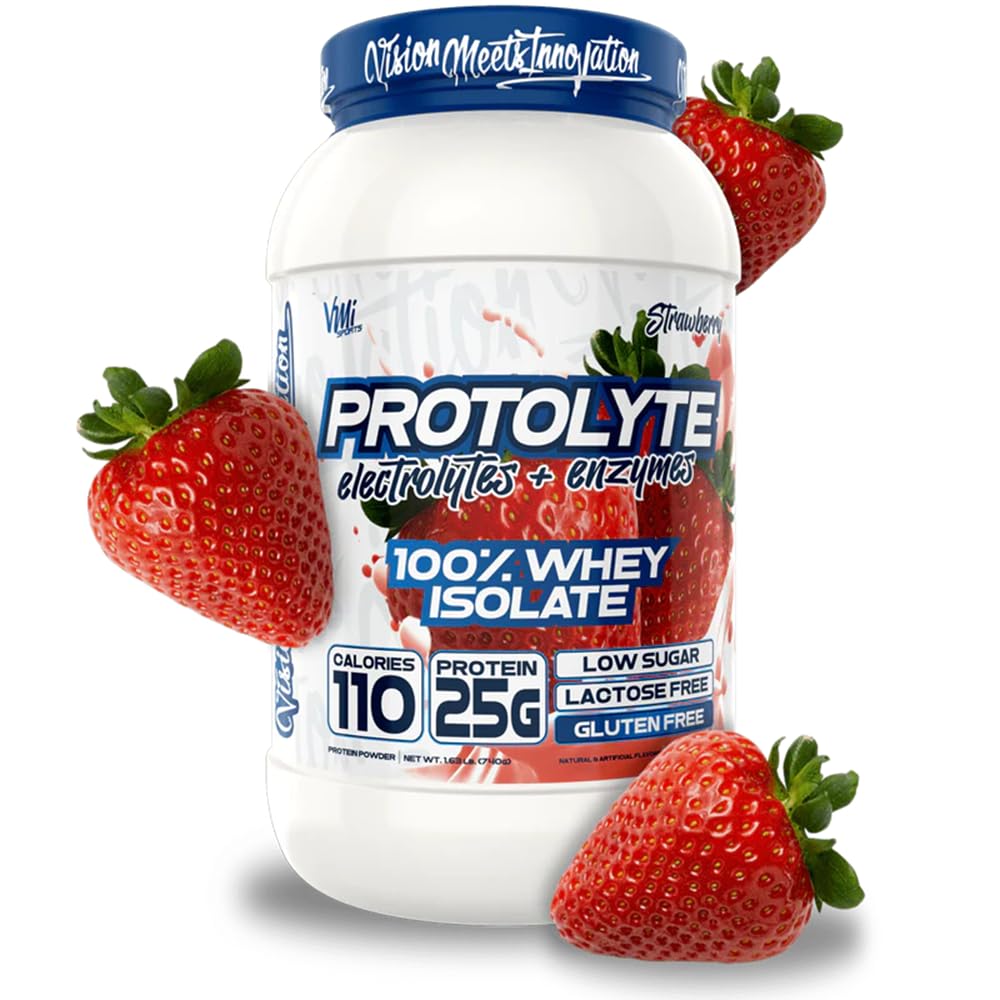 Envase de ProtoLyte de VMI Sports con proteína de fresa para mezcla suave