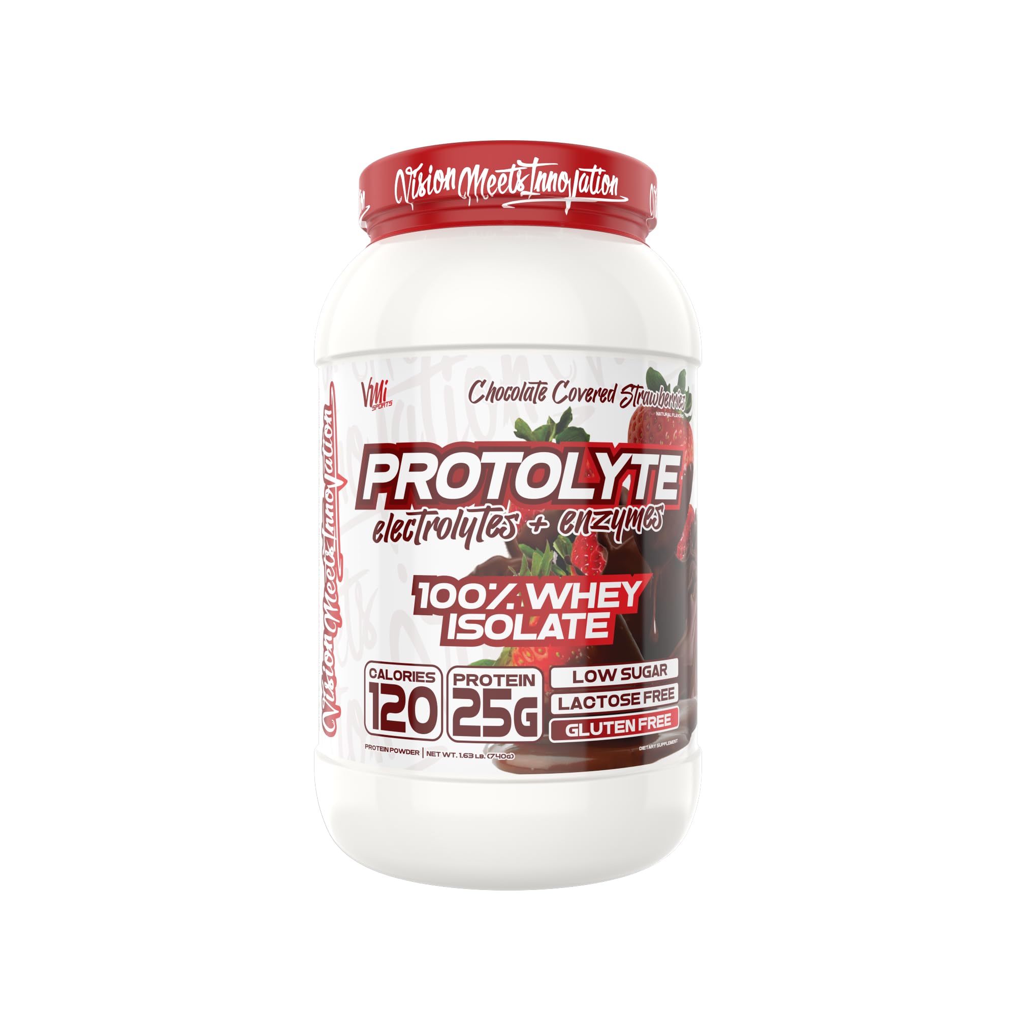 VMI Sports Protolyte: vista frontal del pote de proteína de alta calidad.
