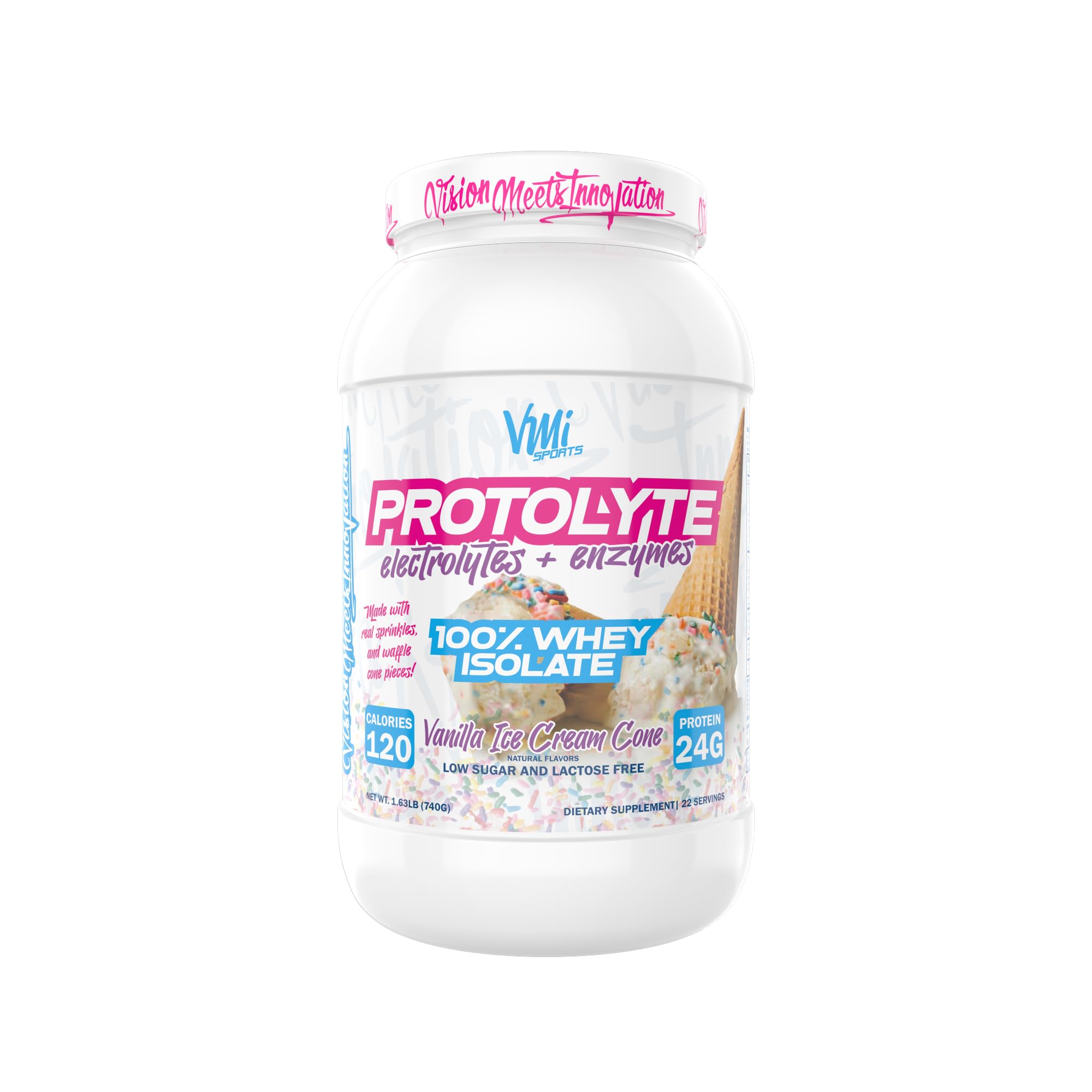 Protolyte de VMI Sports, bote de vainilla cono de helado, favorece recuperación muscular.