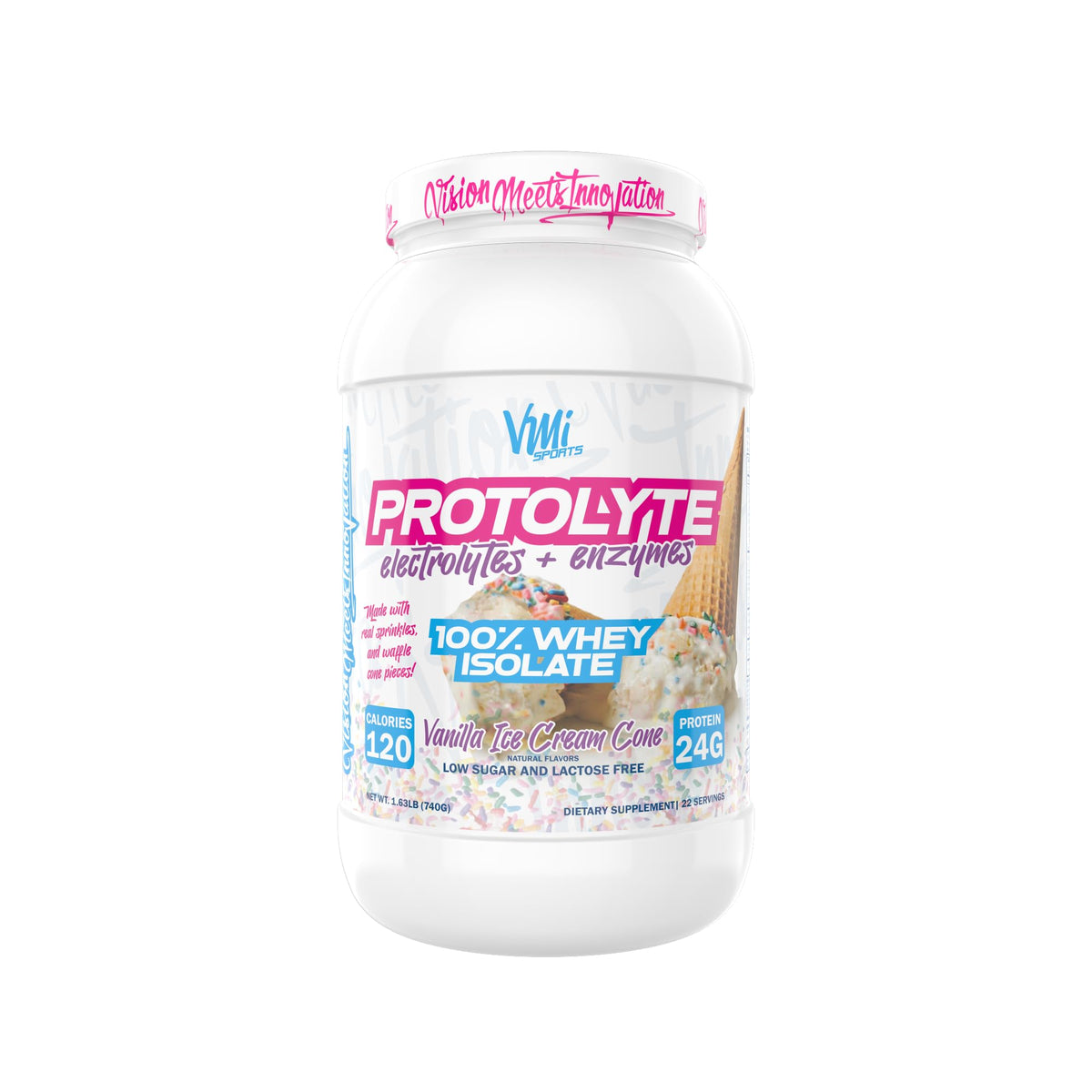 Protolyte de VMI Sports, bote de vainilla cono de helado, favorece recuperación muscular.