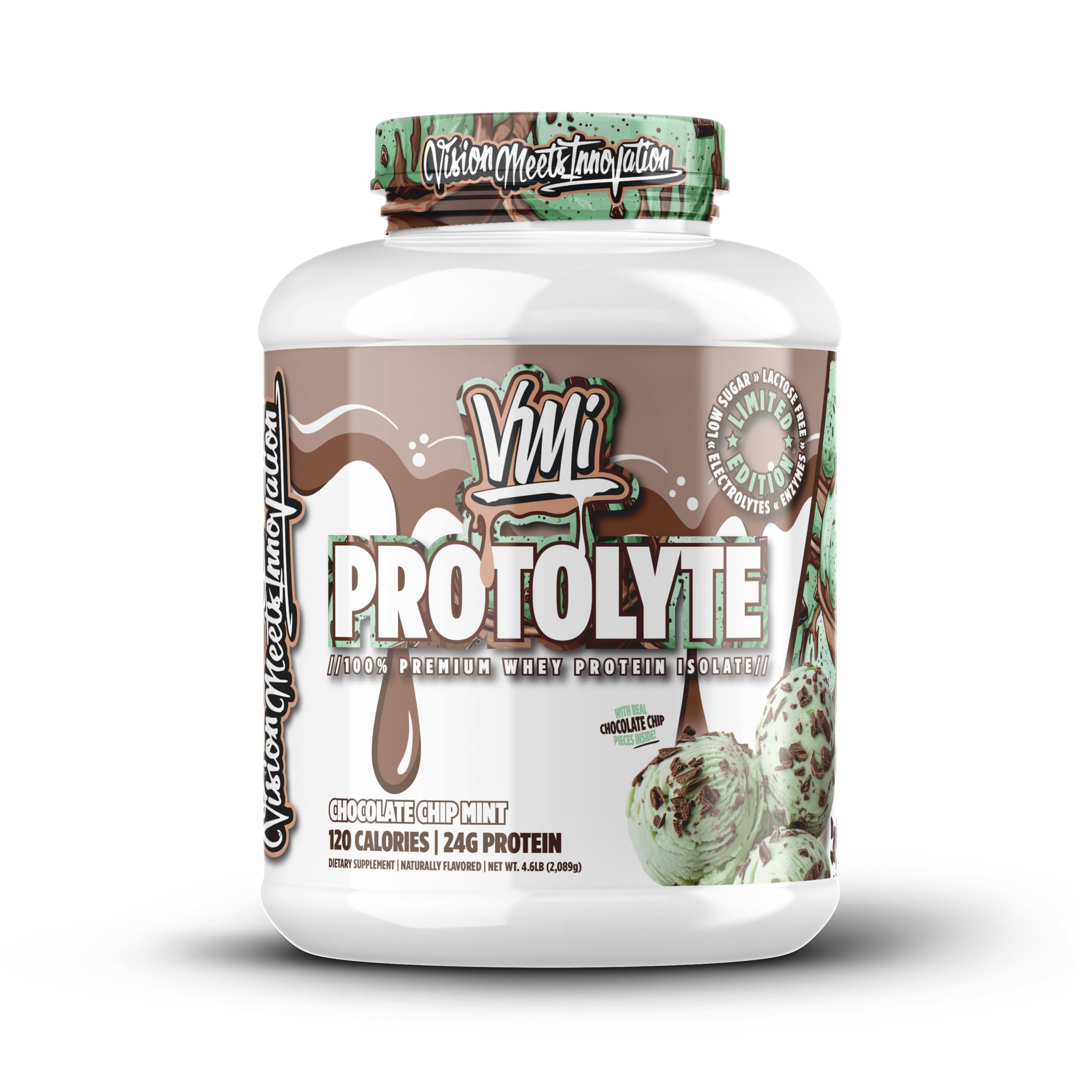 VMI Sports Protolyte proteína whey aislada, sabor menta con chispas de chocolate para recuperación.