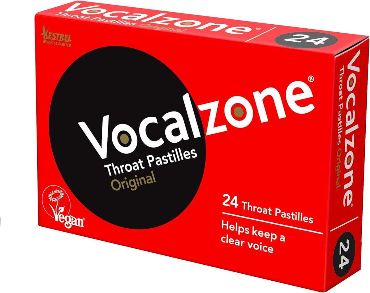 Pastillas Vocalzone para la garganta, empaque de 24, alivio suave al tragarlas.