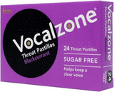 Pastillas Vocalzone en caja, apoyo suave para la garganta durante ensayos.