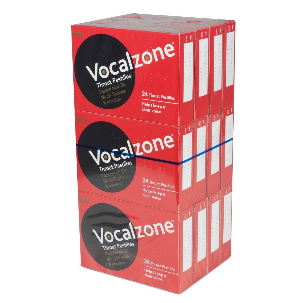 Pastillas Vocalzone VZ-12 para garganta, alivio suave para cantantes y presentaciones prolongadas.