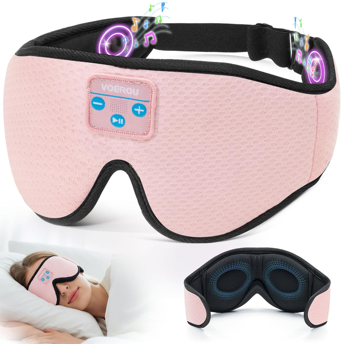 Voerou máscara de dormir 3D con auriculares Bluetooth para descansar sin cables.