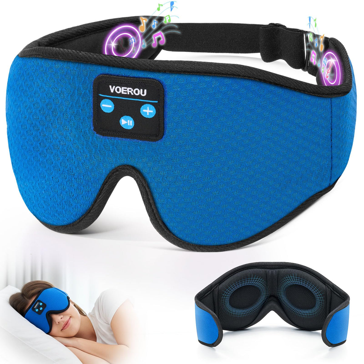 Voerou mascarilla para dormir con auriculares Bluetooth bloquea la luz para descanso cómodo.