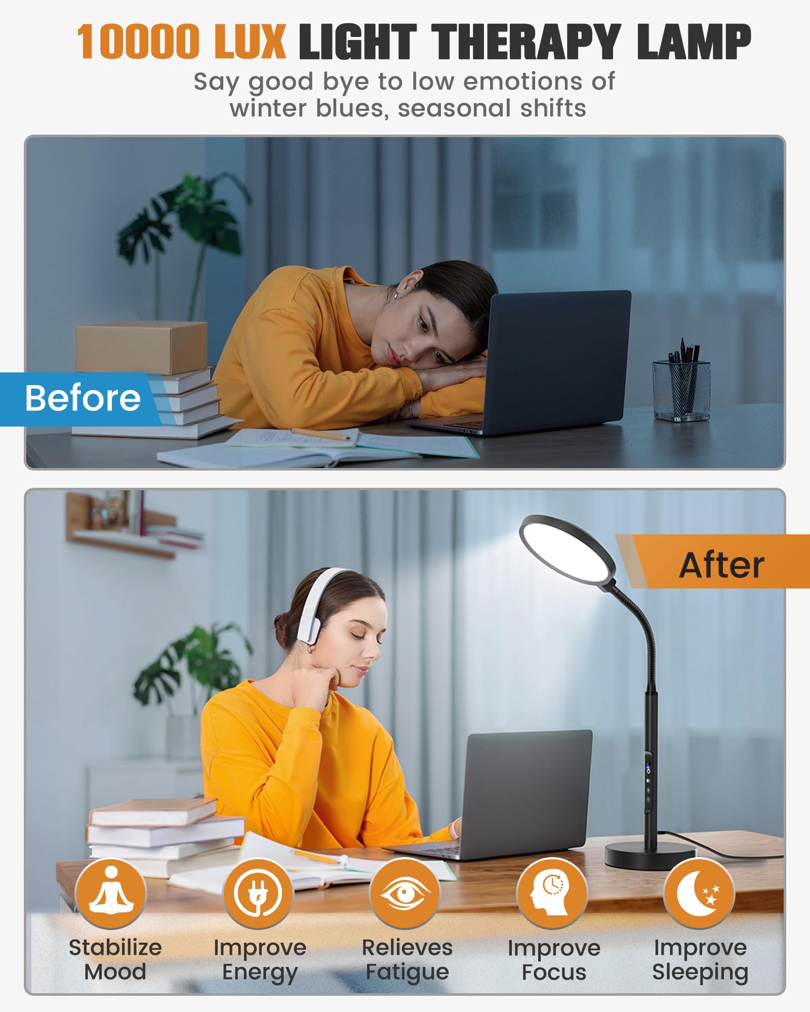 VOLISUN Lámpara terapia brillo ajustable para lectura y trabajo cómodo.