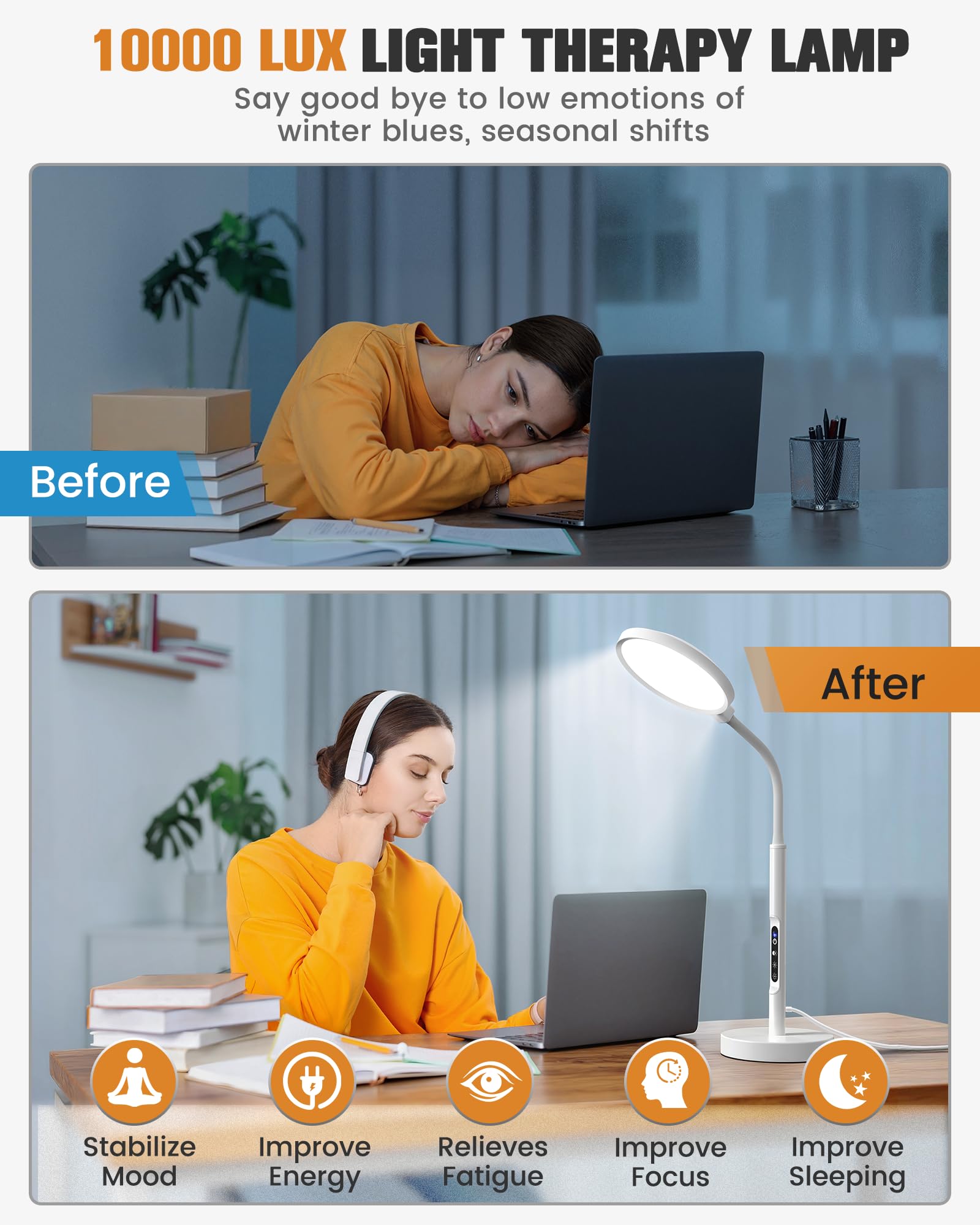 Volisun lámpara terapia con brillo ajustable para distintas tareas.