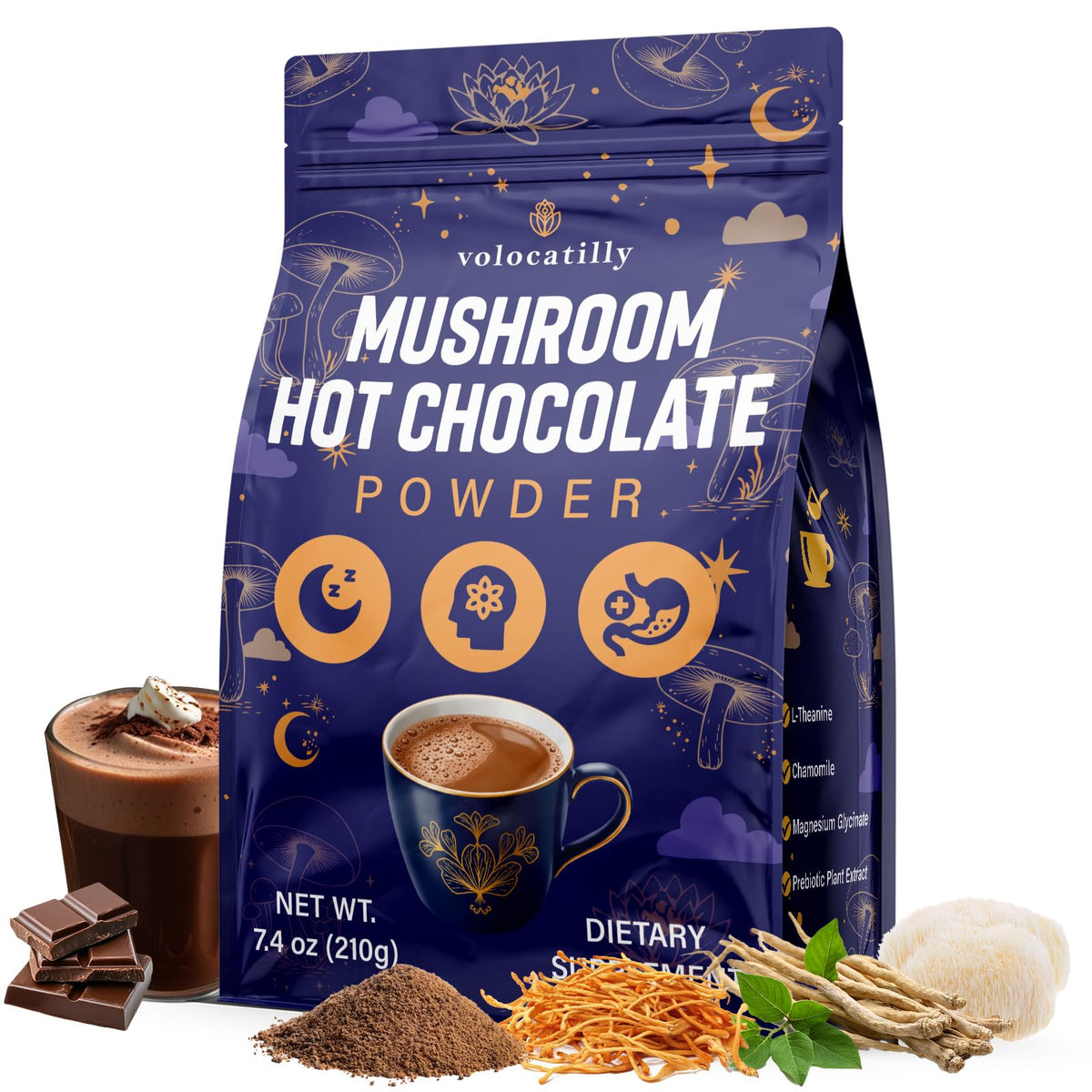 Volocatilly cacao orgánico envase en primer plano para relajación nocturna