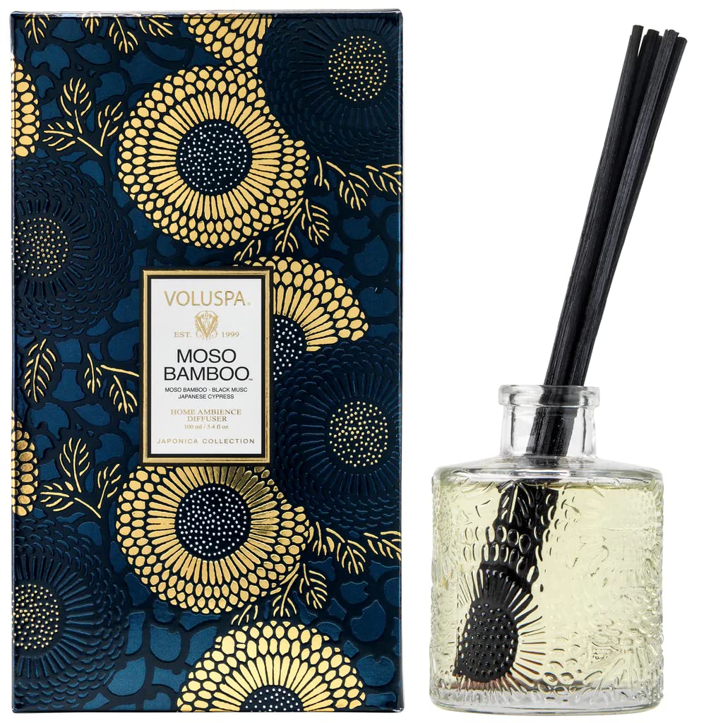 Voluspa difusor de ambiente Moso Bambú con botella grabada para un aroma duradero en el hogar