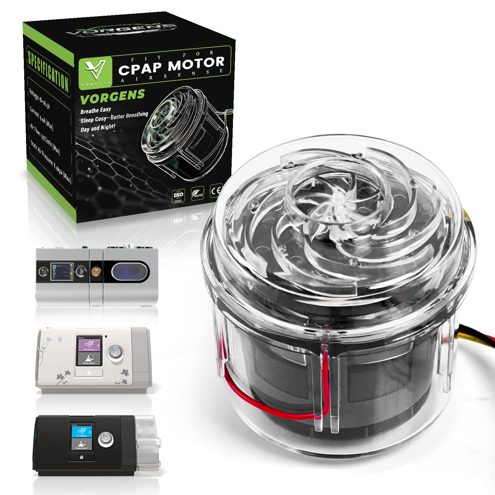 Motor VORGENS compatible con ResMed AirSense 10 para rendimiento estable durante la noche.