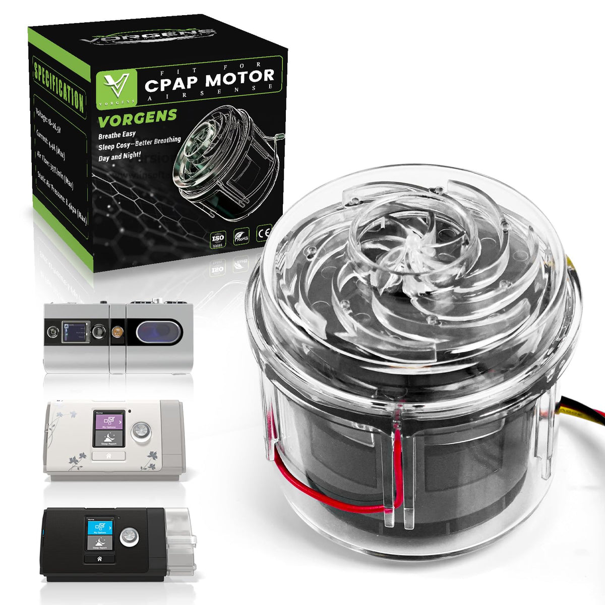 Motor VORGENS compatible con ResMed AirSense 10 para rendimiento estable durante la noche.