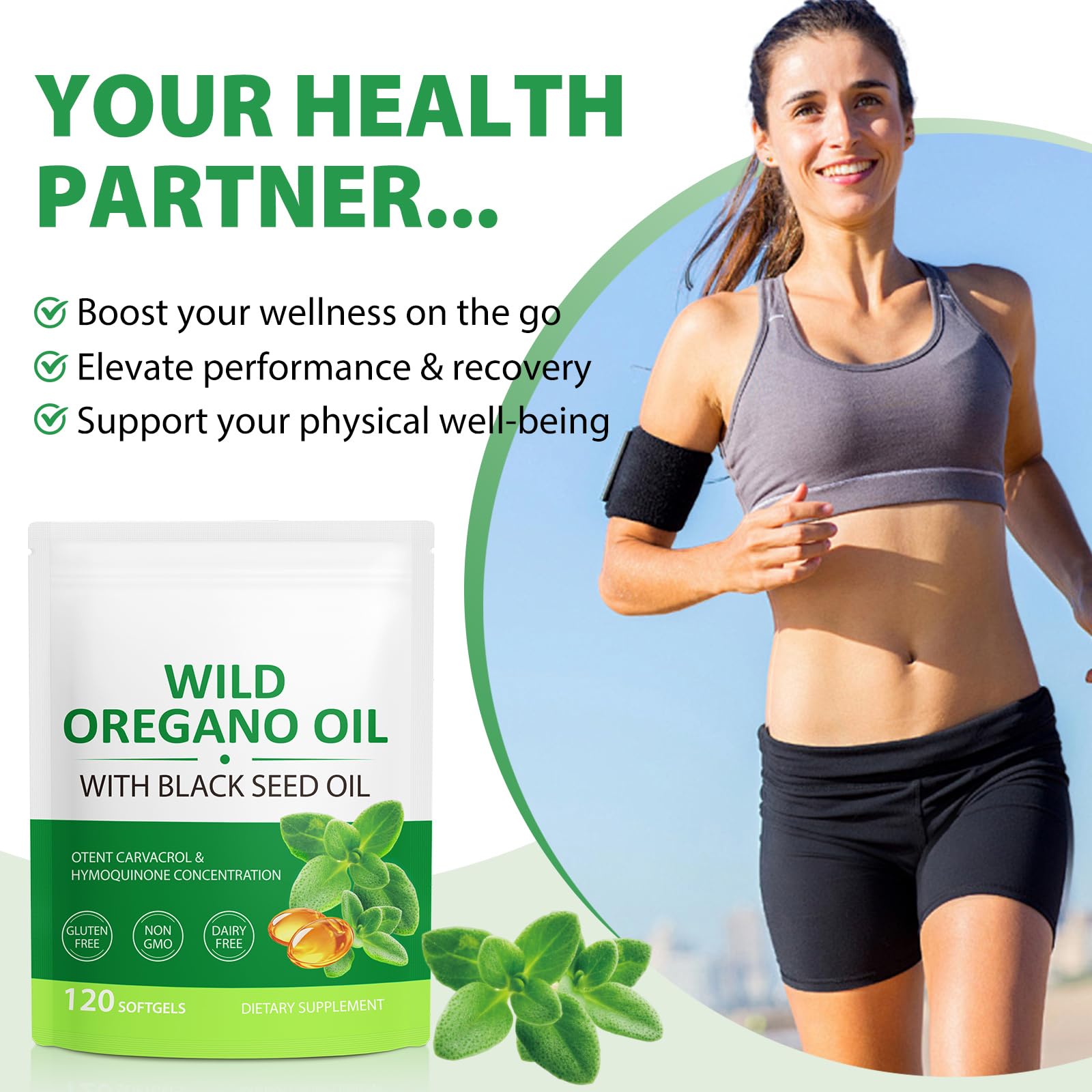 Vortexonix Etiqueta de Aceite de Orégano Softgels con información de origen.